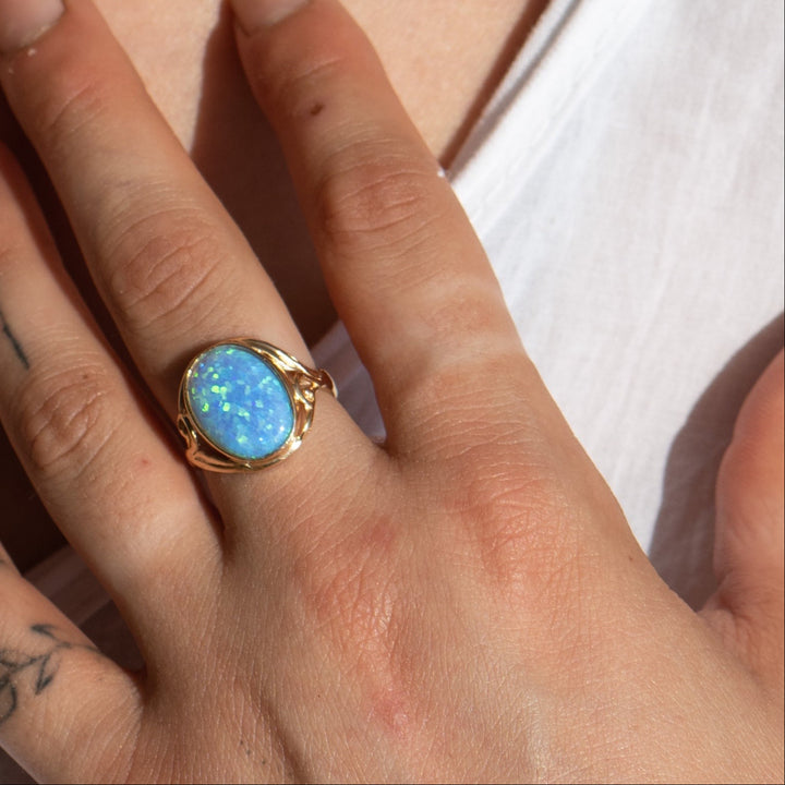טבעת אופל טורקיז ציפוי זהב בעבודת יד