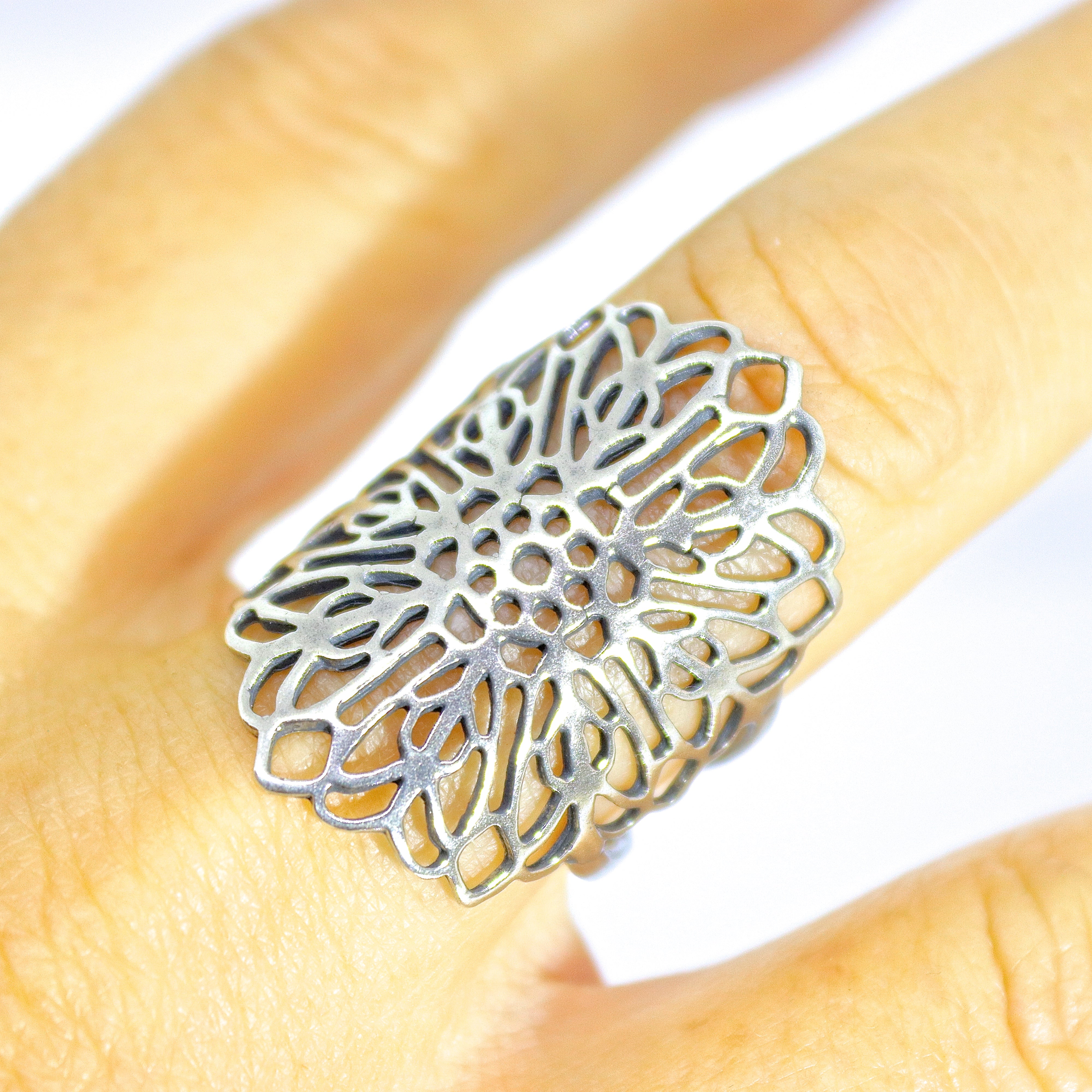 טבעת פרח תחרה ארוכה מכסף 925