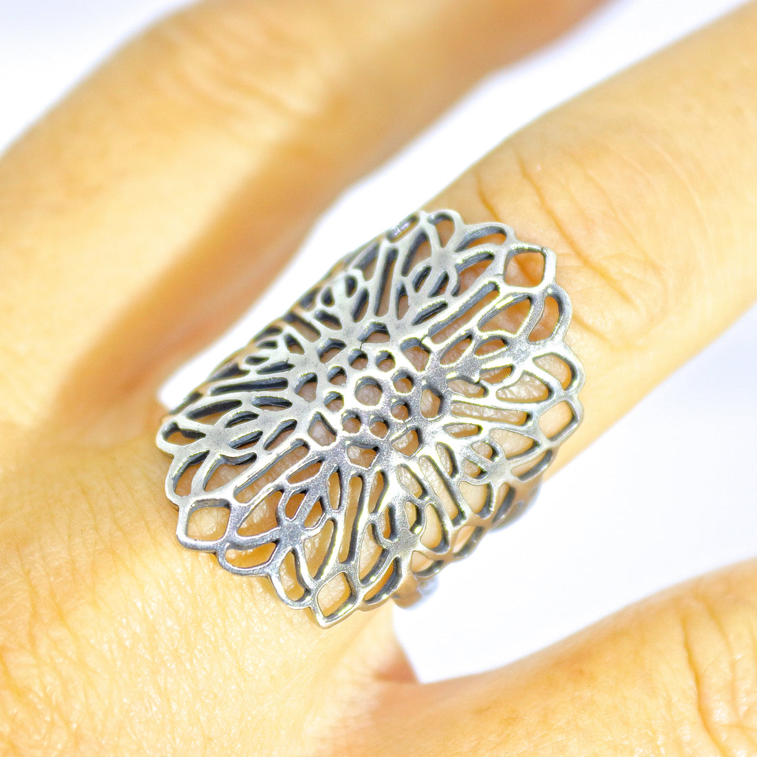 טבעת פרח תחרה ארוכה מכסף 925