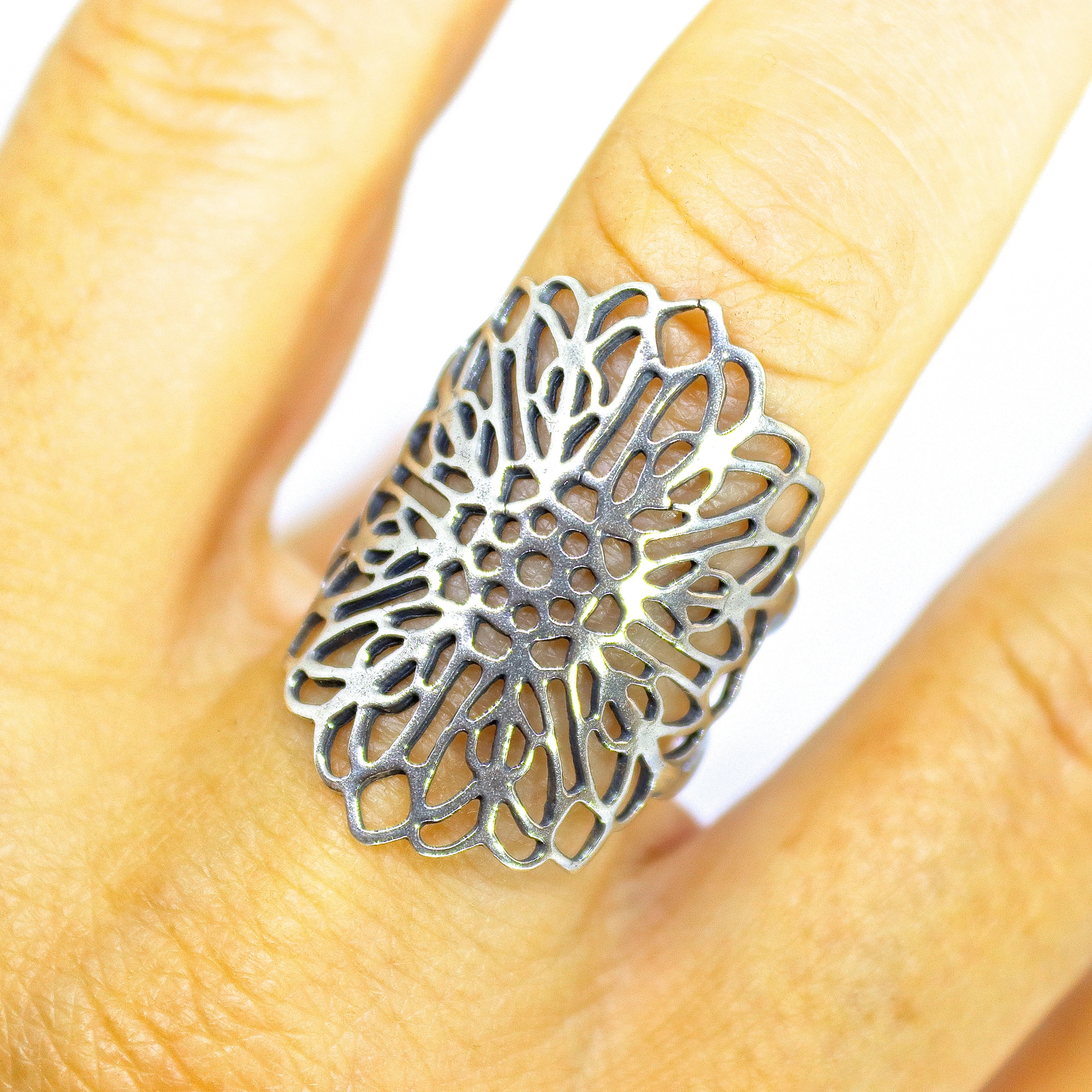 טבעת פרח תחרה ארוכה מכסף 925