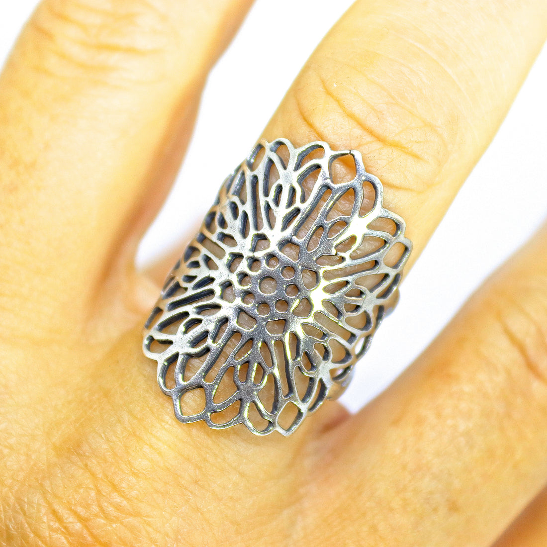 טבעת פרח תחרה ארוכה מכסף 925