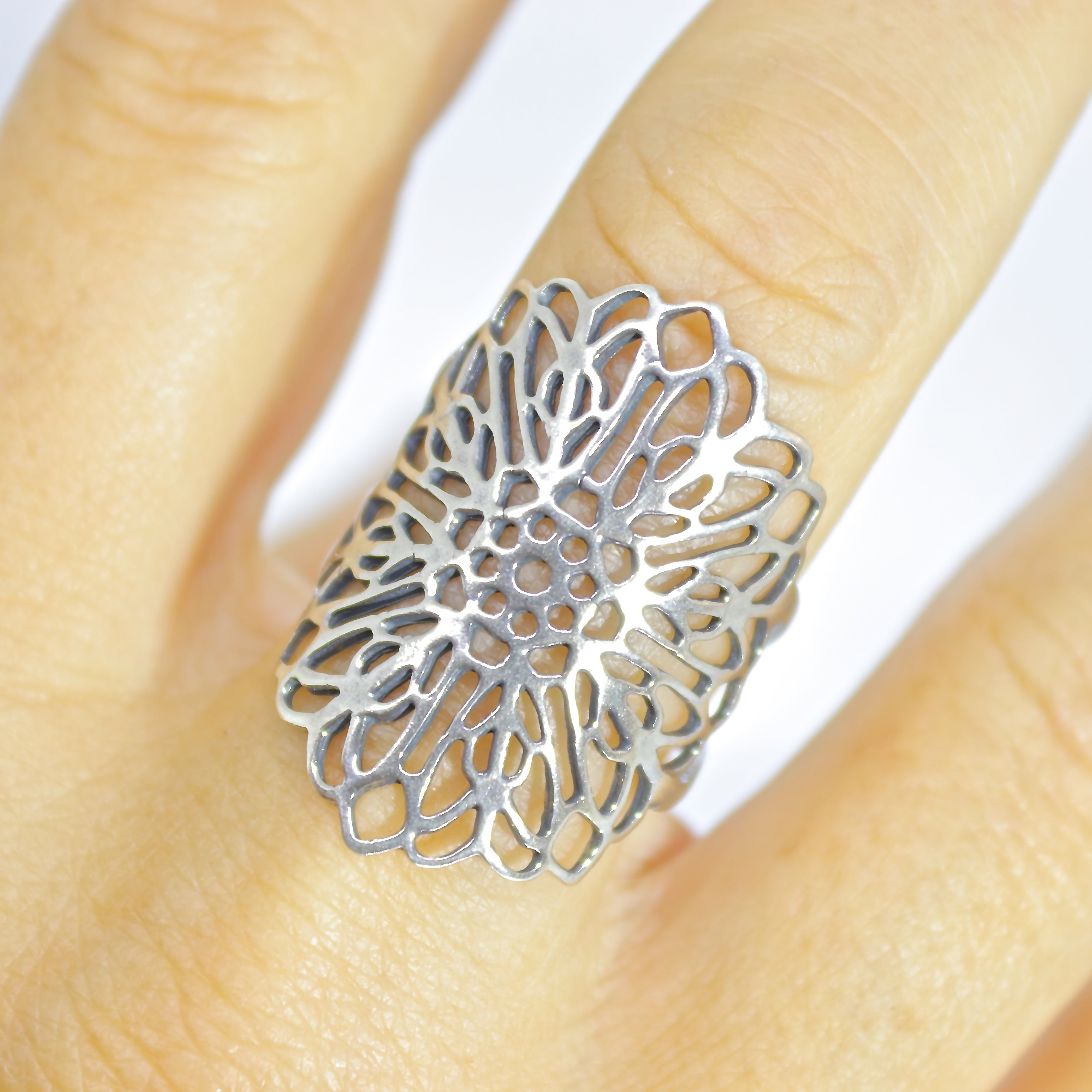 טבעת פרח תחרה ארוכה מכסף 925