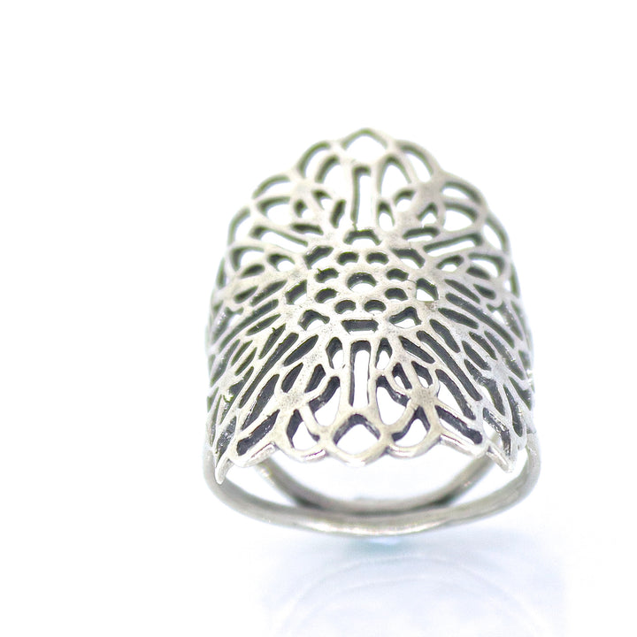 טבעת פרח תחרה ארוכה מכסף 925