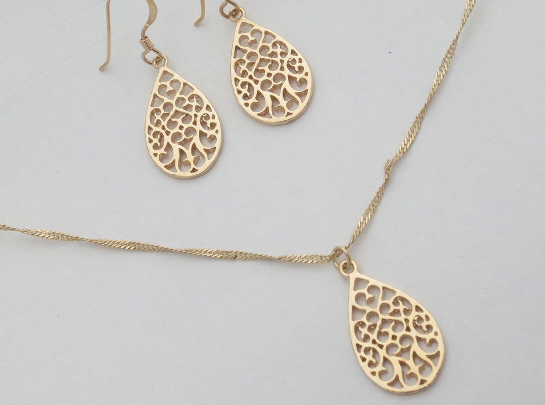 שרשרת תליון טיפה פיליגרן בסגנון ויקטוריאני מזהב 14 קראט