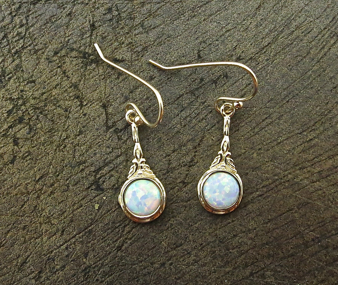 עגילי אופל מזהב 14 קראט מלא, עגילי אופל לבן ויקטוריאניים