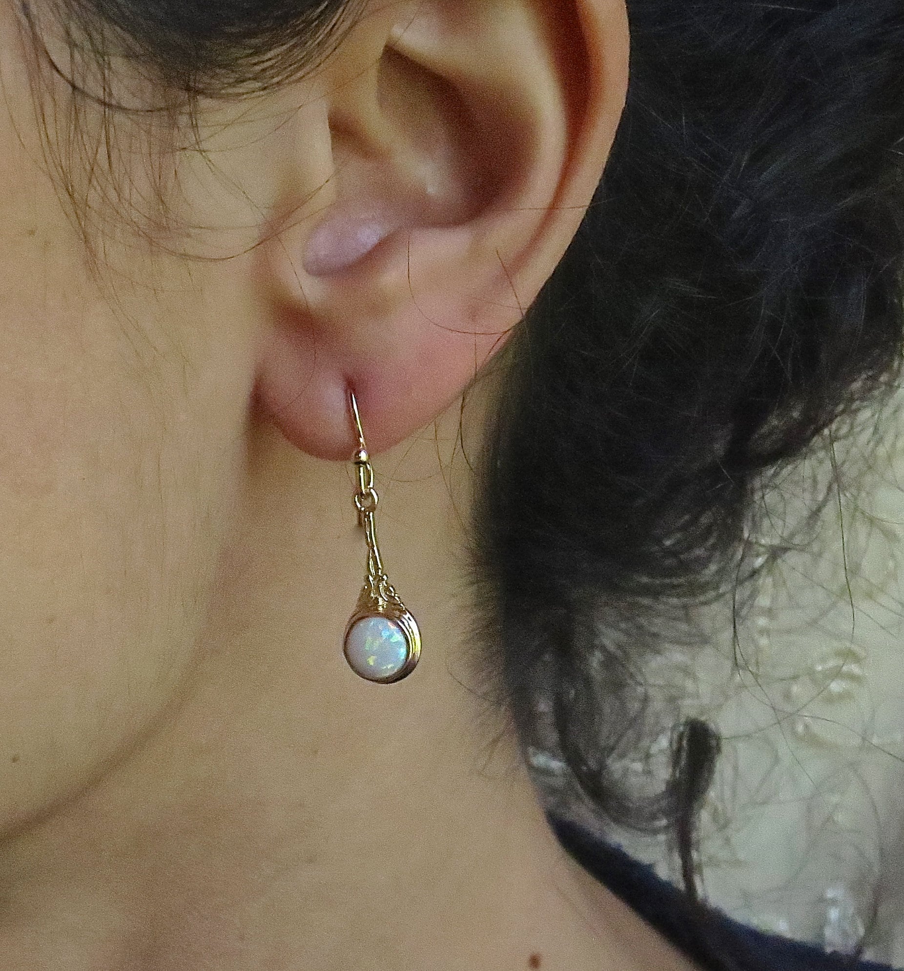 עגילי אופל מזהב 14 קראט מלא, עגילי אופל לבן ויקטוריאניים