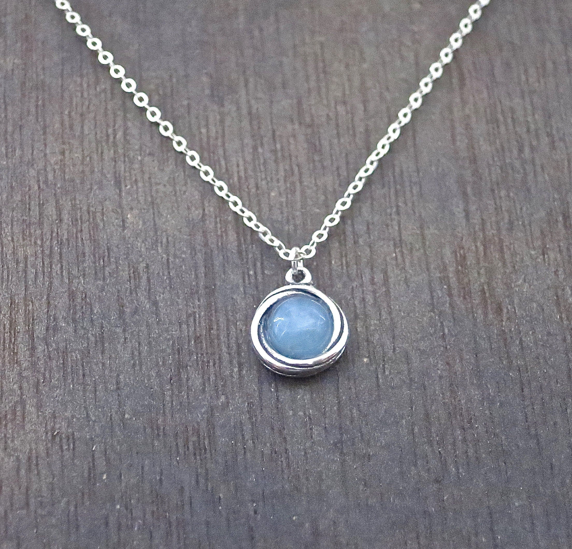 שרשרת תליון אקוומרין קטנה, שרשרת כסף עגולה זעירה בצבע אקוומרין