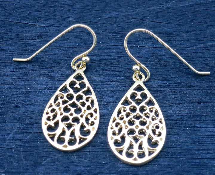 עגילי זהב 14 קראט מלאים, עגילי זהב פיליגרן טיפה