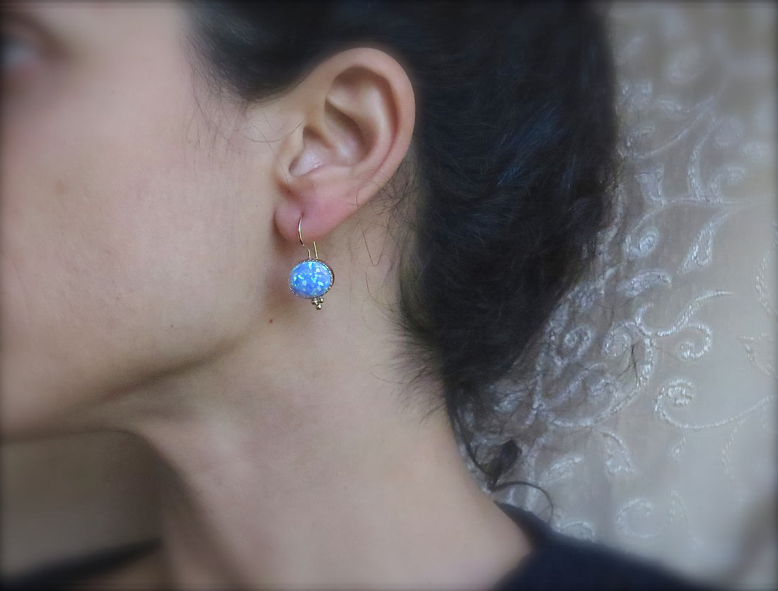 עגילי זהב אופל לנשים, עגילי אבן אובל כחולים