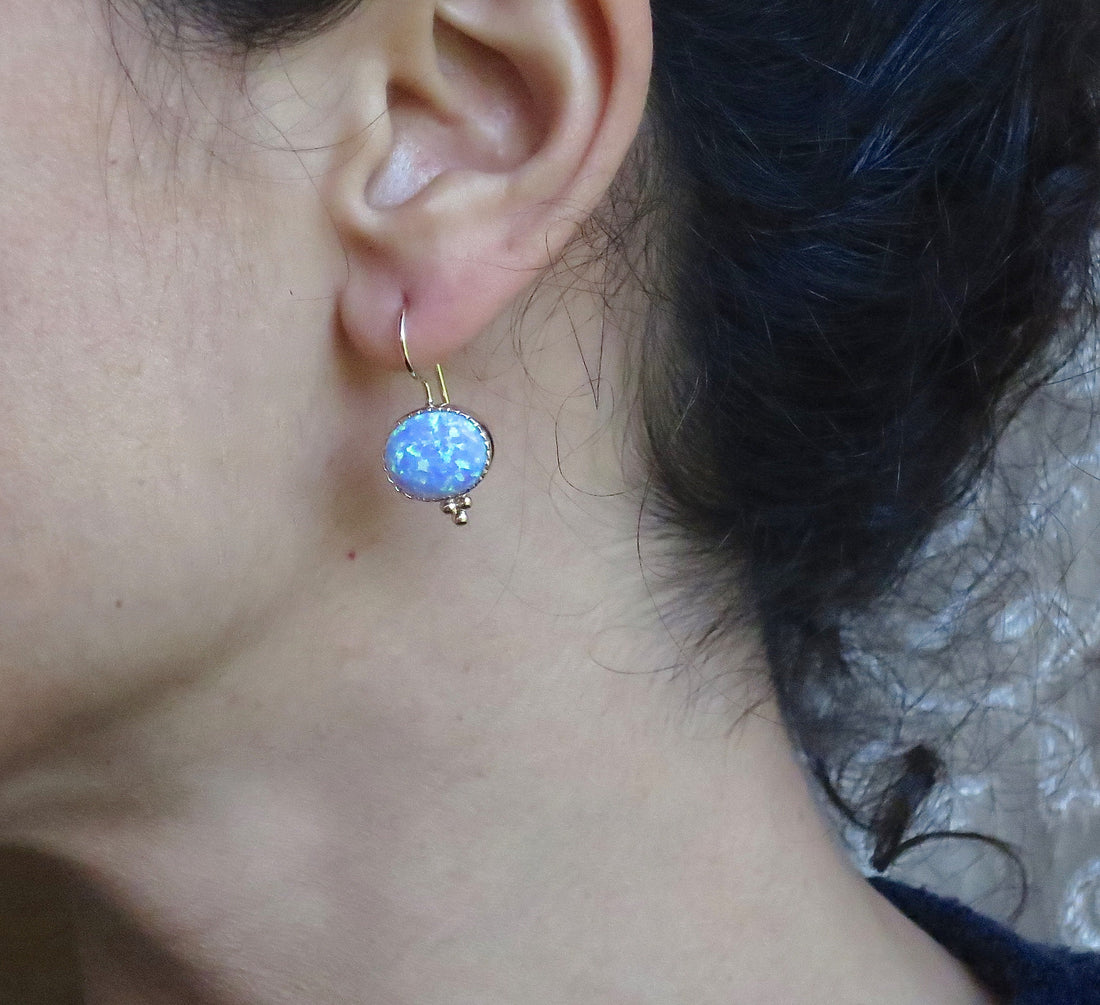 עגילי זהב אופל לנשים, עגילי אבן אובל כחולים