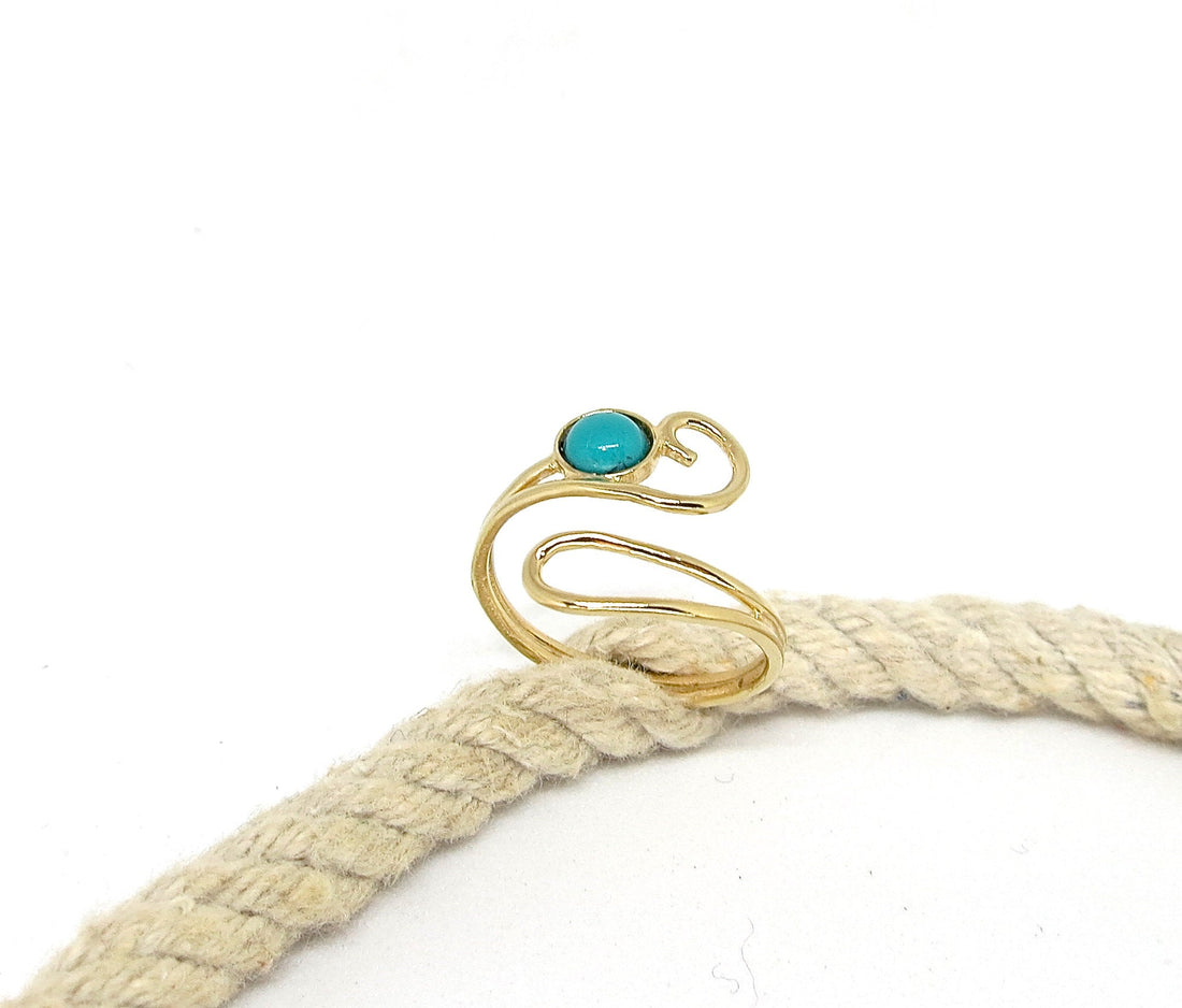 טבעת פתוחה מזהב טורקיז, טבעת אבנים מתכווננות ייחודית, טבעת עוטפת בוהו