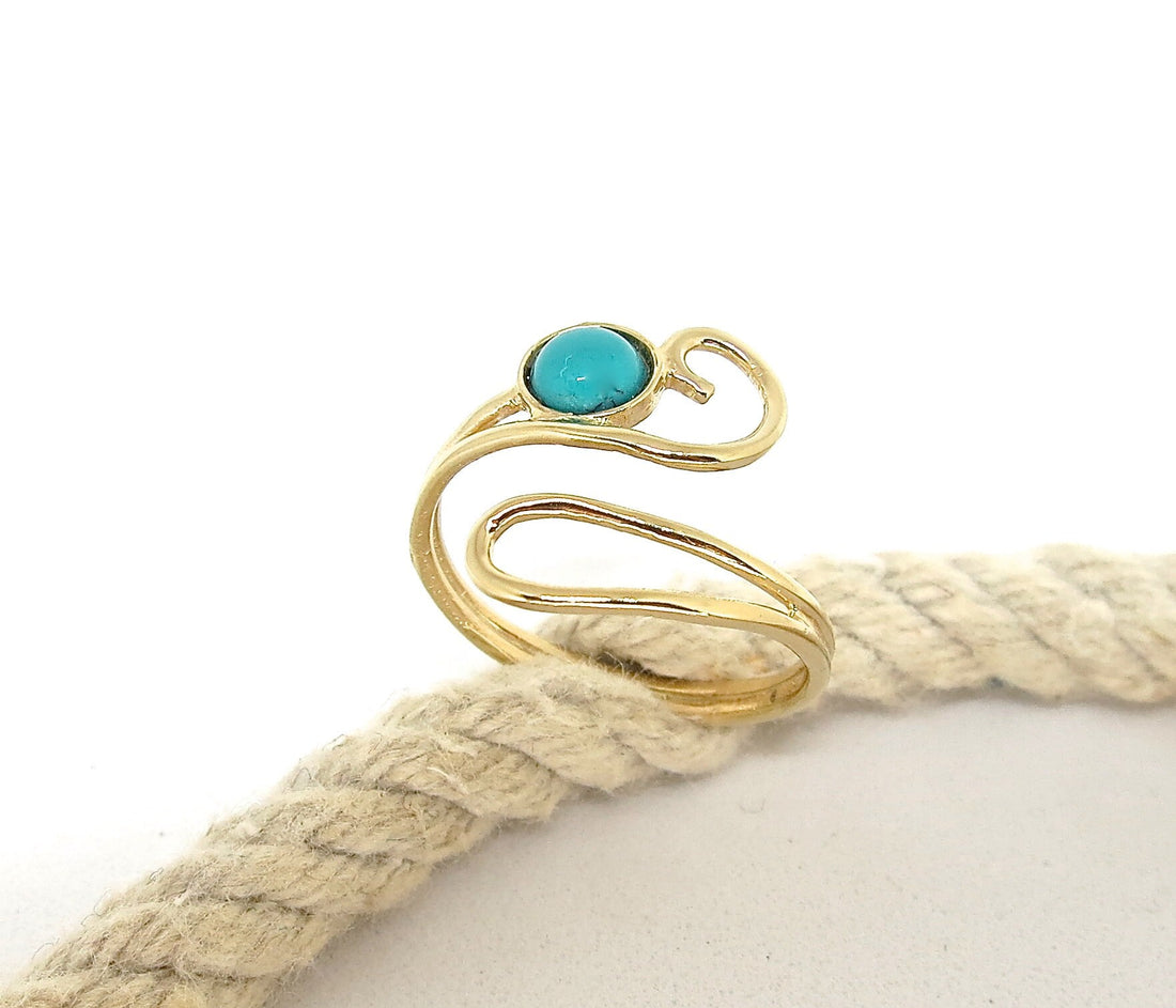 טבעת פתוחה מזהב טורקיז, טבעת אבנים מתכווננות ייחודית, טבעת עוטפת בוהו