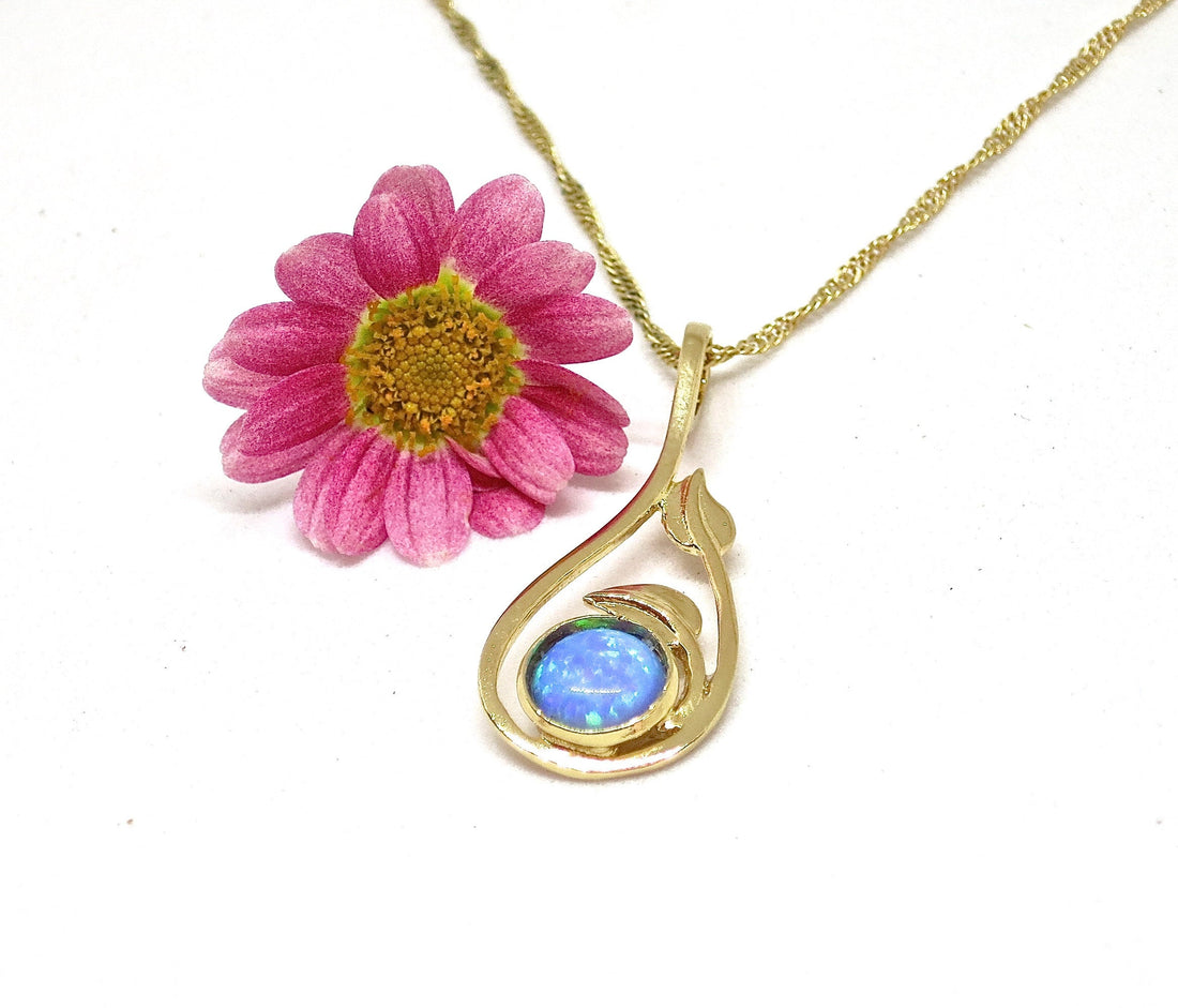 שרשרת אופל כחול מזהב 14 קראט: תליון אופל עם עלים