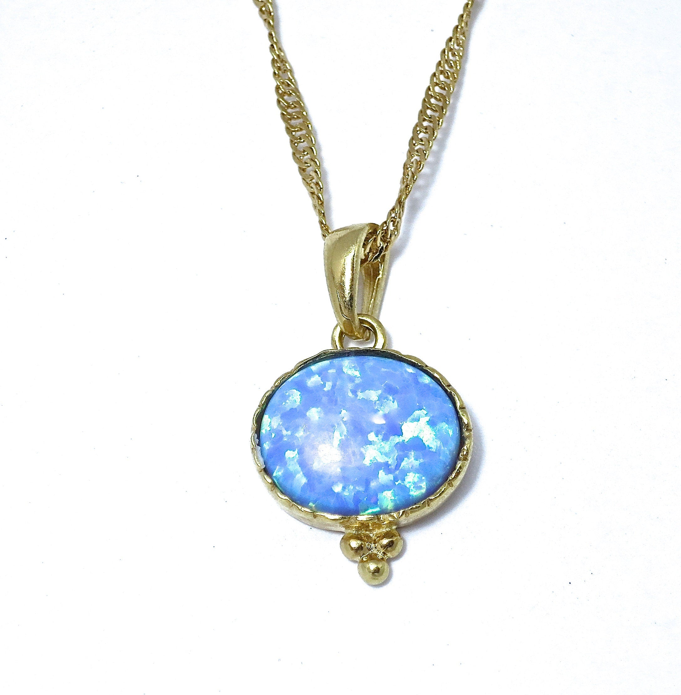 תליון שרשרת אופל סגלגל מזהב מלא 14 קראט, תליון אופל כחול