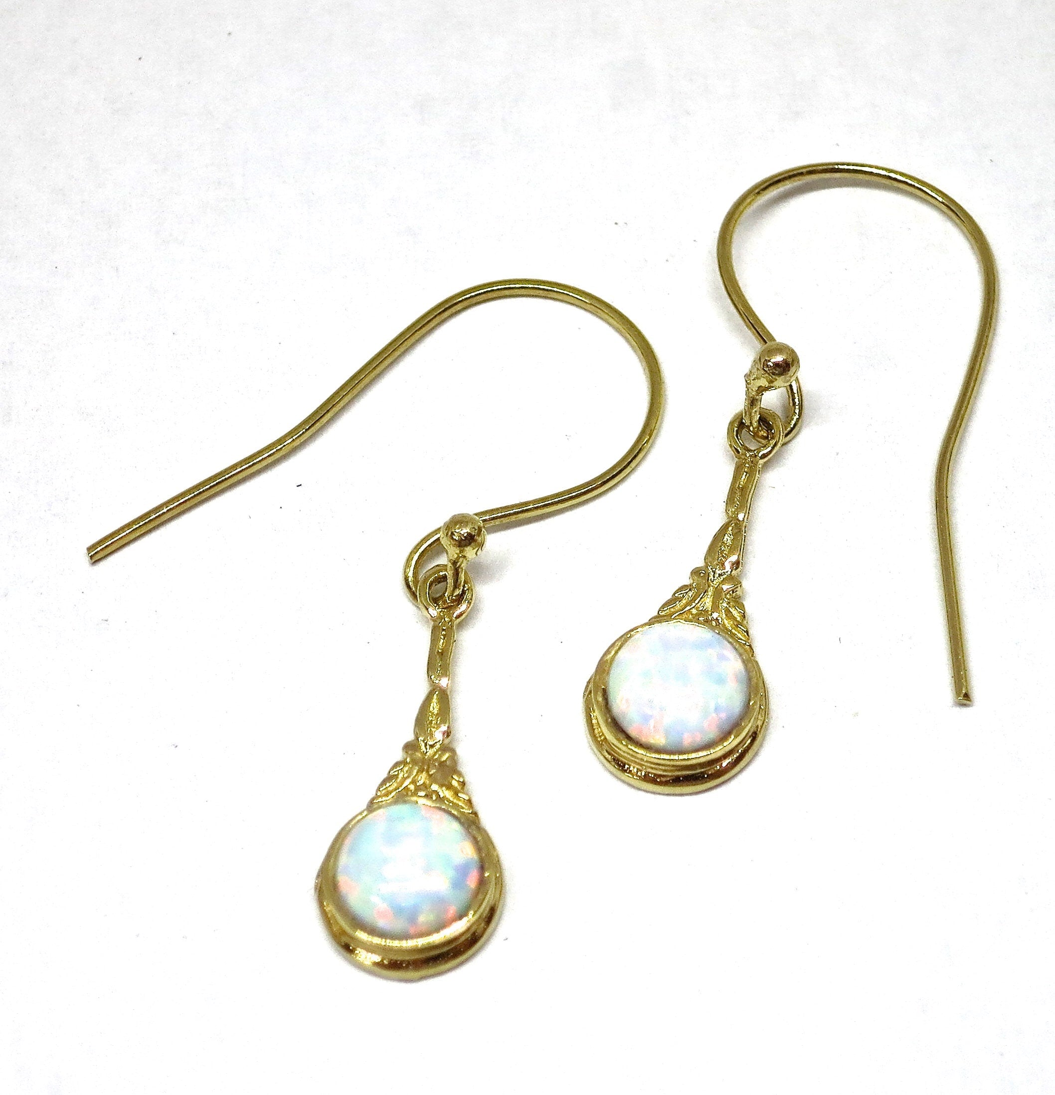 עגילי אופל מזהב 14 קראט מלא, עגילי אופל לבן ויקטוריאניים