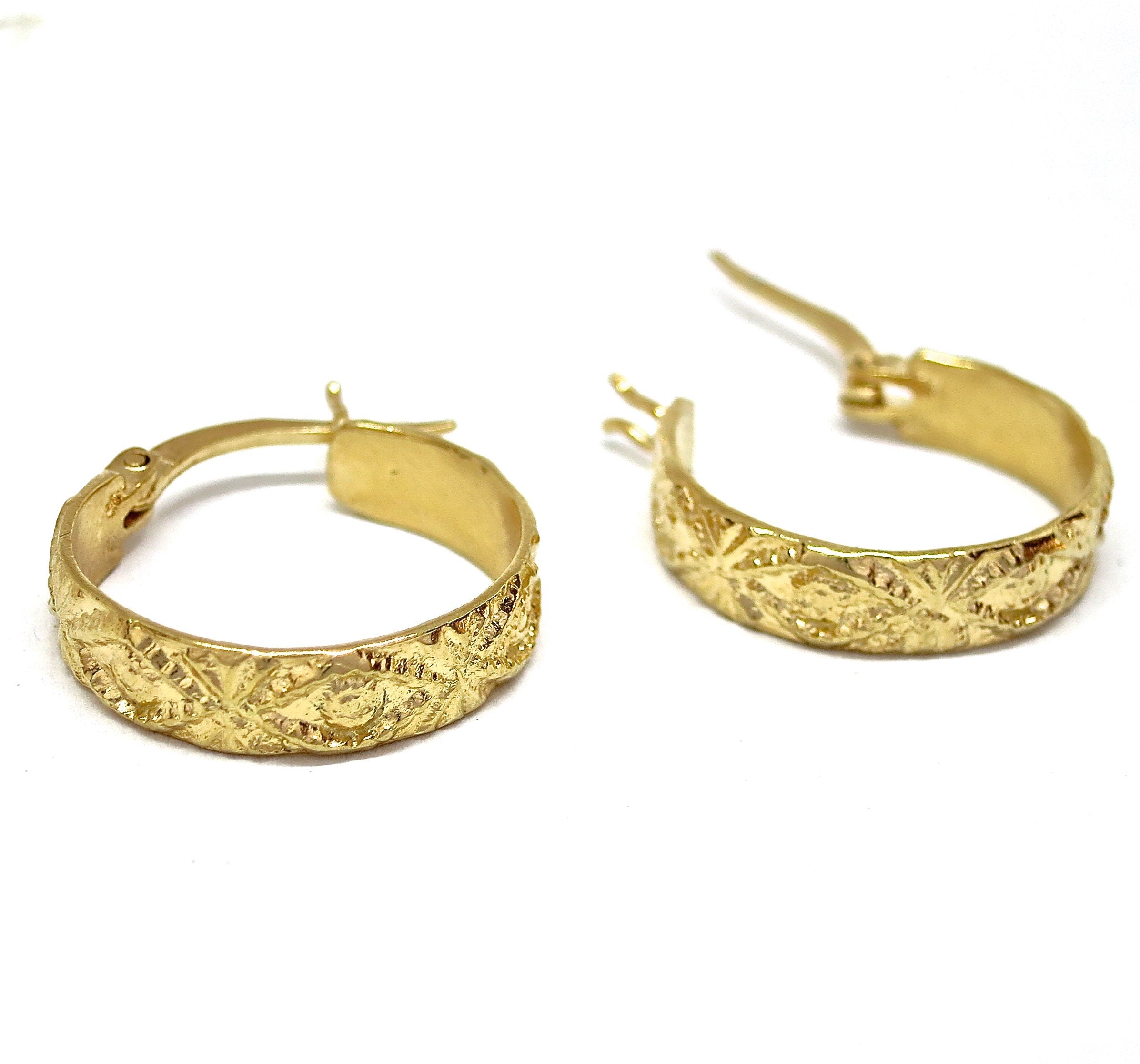 עגילי חישוק זהב 14 קראט בעבודת יד עם טקסטורה, תכשיטים בסגנון ויקטוריאני וינטג', עגילי זהב מלא קלאסיים לנשים