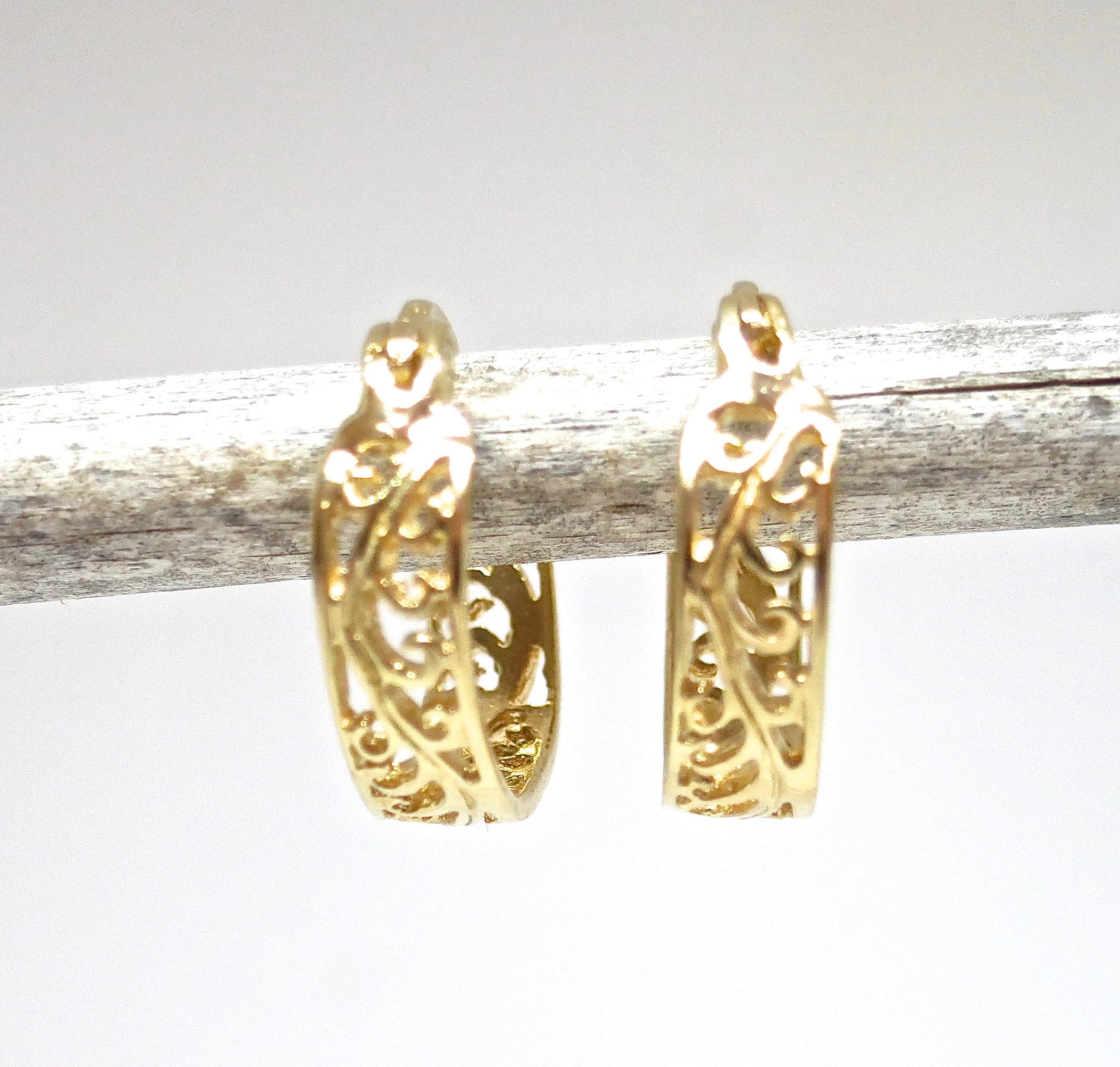 עגילי חישוק זהב פיליגרן לנשים, עגילי זהב מלא 14 קראט, חישוקי זהב מרשימים