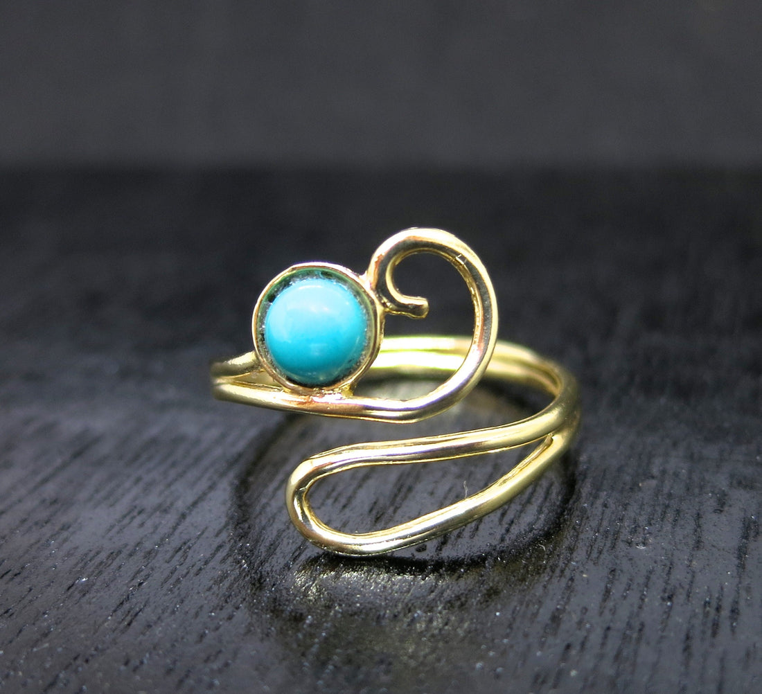 טבעת טורקיז מתכווננת מזהב 14 קראט, טבעת אבן לידה מזהב פתוחה