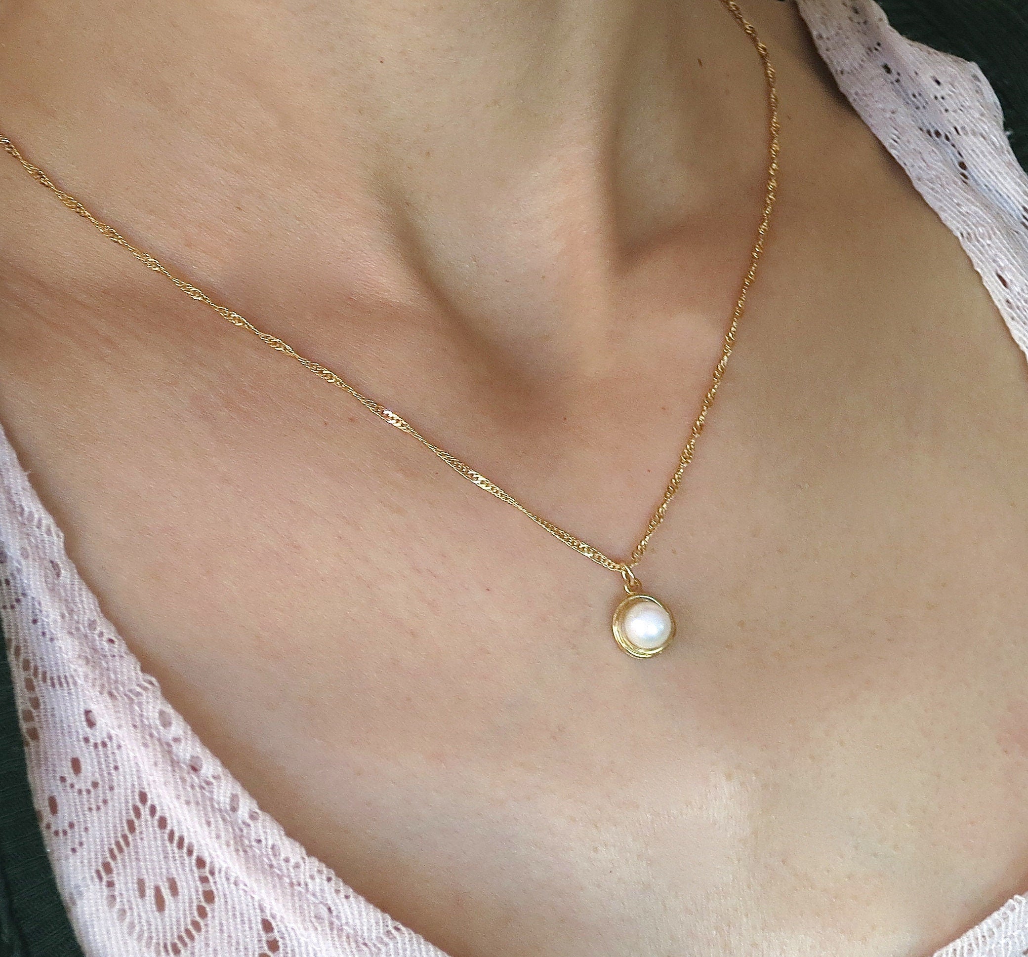 תליון שרשרת פנינה מזהב 14 קראט, שרשרת שושבינה מינימליסטית