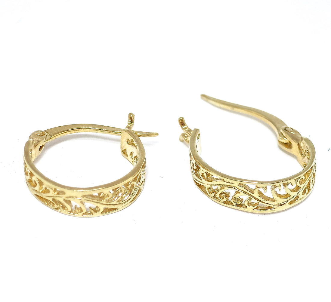 עגילי חישוק זהב פיליגרן לנשים, עגילי זהב מלא 14 קראט, חישוקי זהב מרשימים