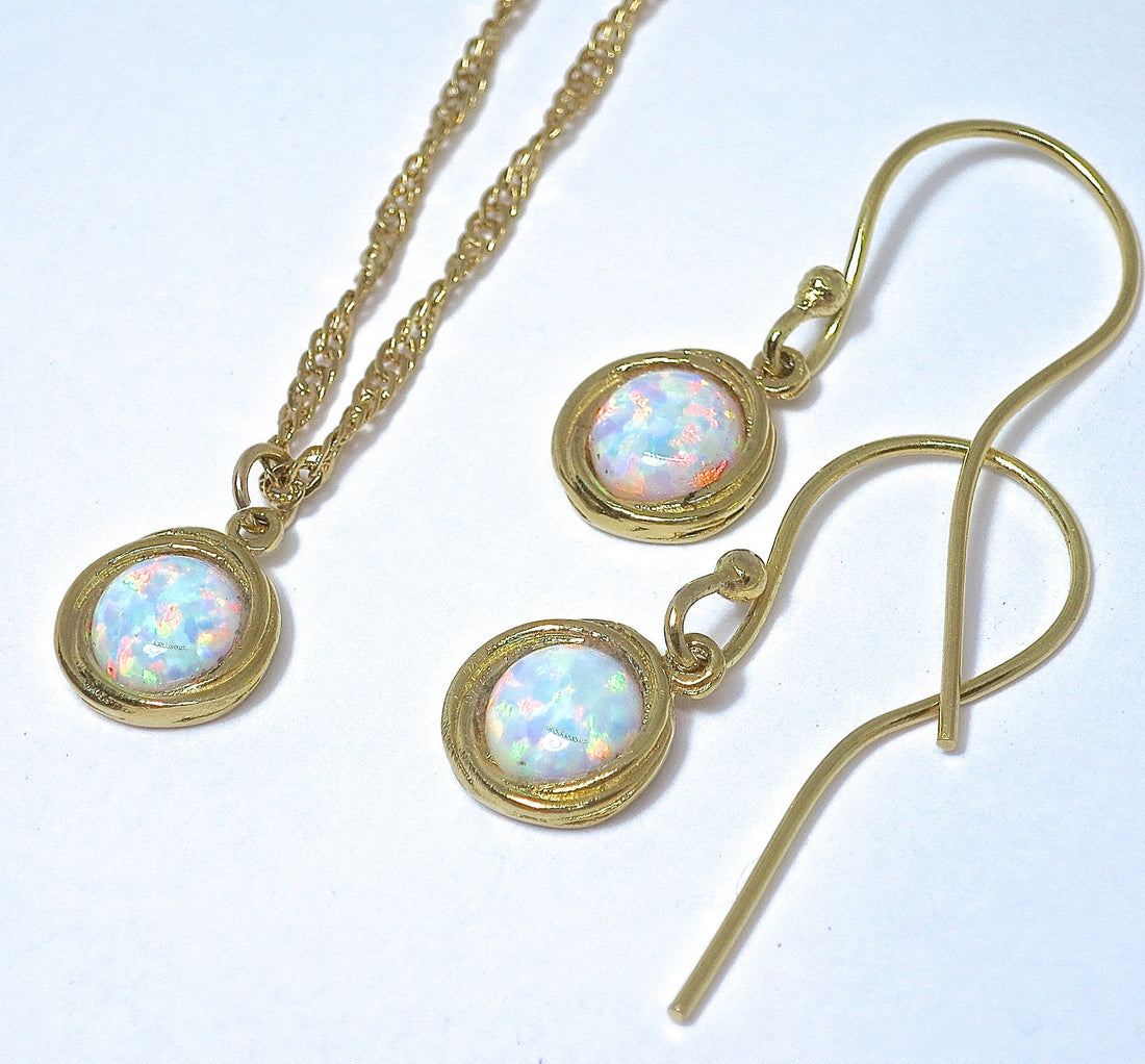 סט תכשיטי אופל, עגילים ושרשרת, סט עגילים ושרשרת מזהב לבן אופל