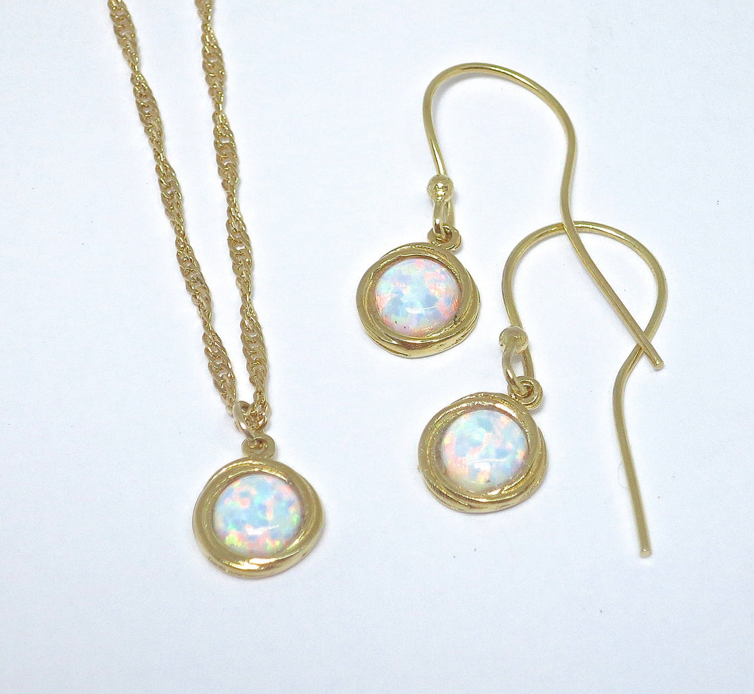 סט תכשיטי אופל, עגילים ושרשרת, סט עגילים ושרשרת מזהב לבן אופל