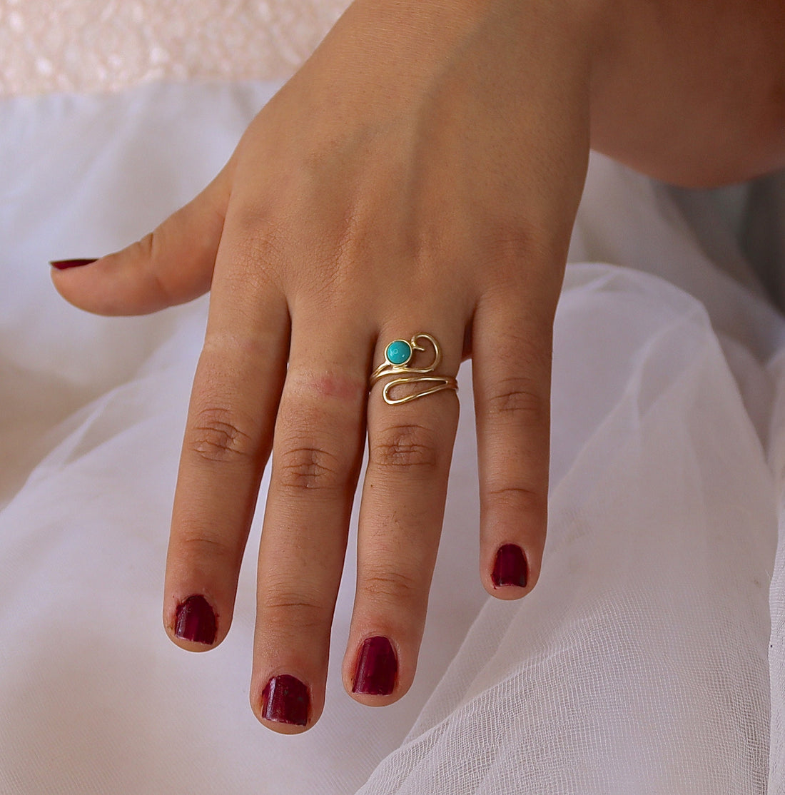 טבעת פתוחה מזהב טורקיז, טבעת אבנים מתכווננות ייחודית, טבעת עוטפת בוהו