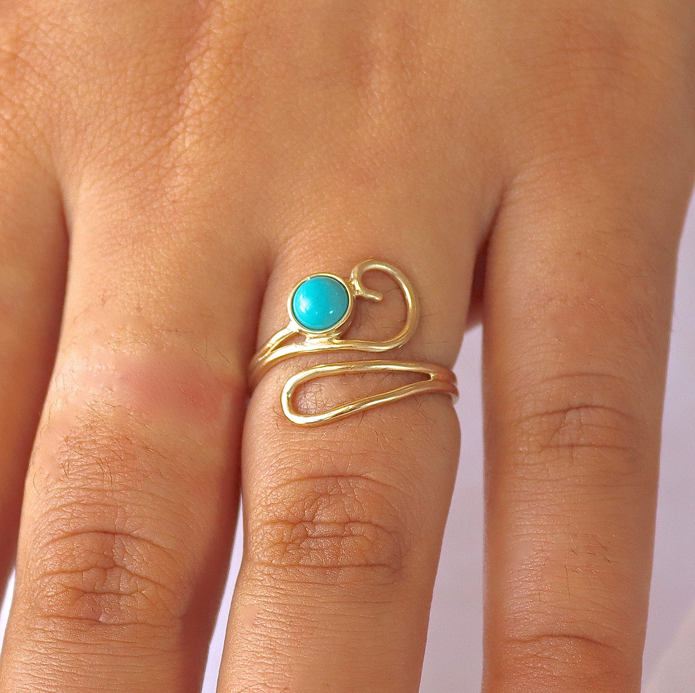 טבעת פתוחה מזהב טורקיז, טבעת אבנים מתכווננות ייחודית, טבעת עוטפת בוהו
