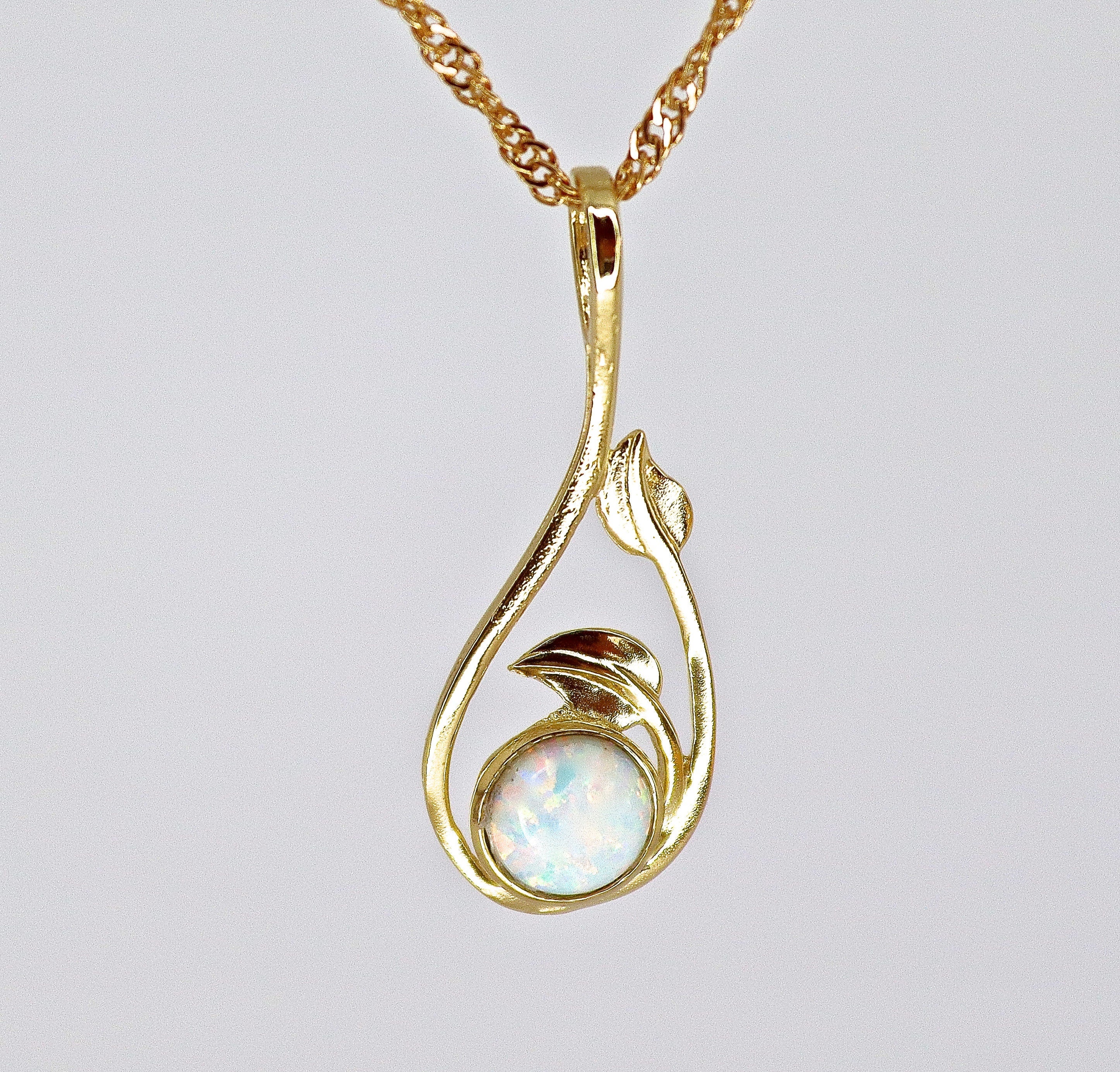 שרשרת אופל, שרשרת אופל לבן מזהב מלא 14 קראט, תליון עלה אופל