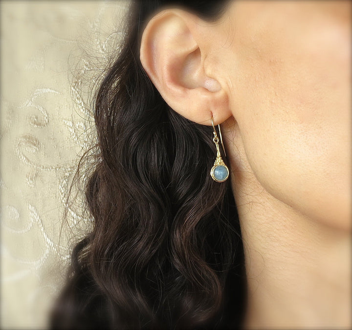 עגילי זהב אקוומרין, עגילים בסגנון ויקטוריאני עם אבן כחולה