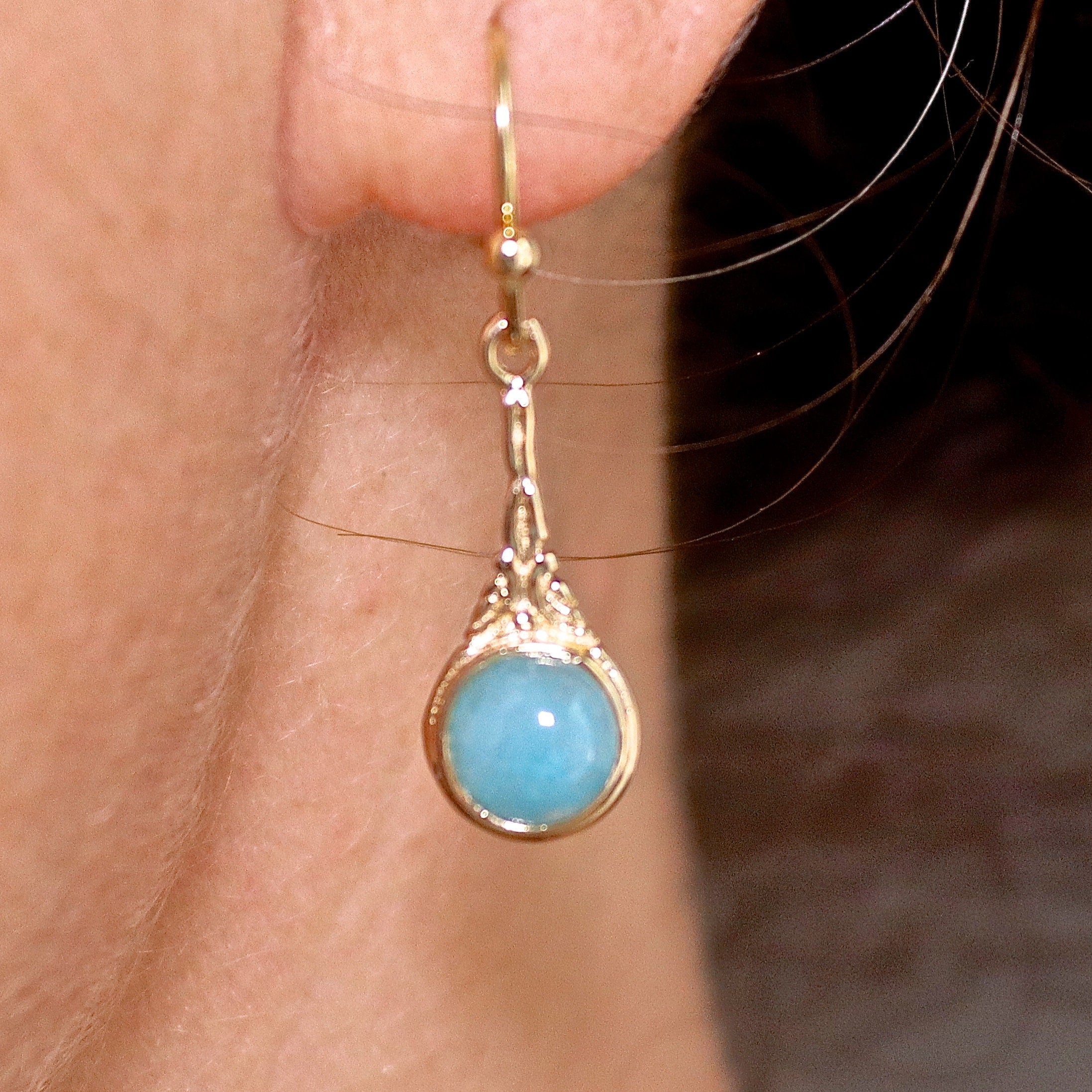 עגילי זהב אקוומרין, עגילים בסגנון ויקטוריאני עם אבן כחולה