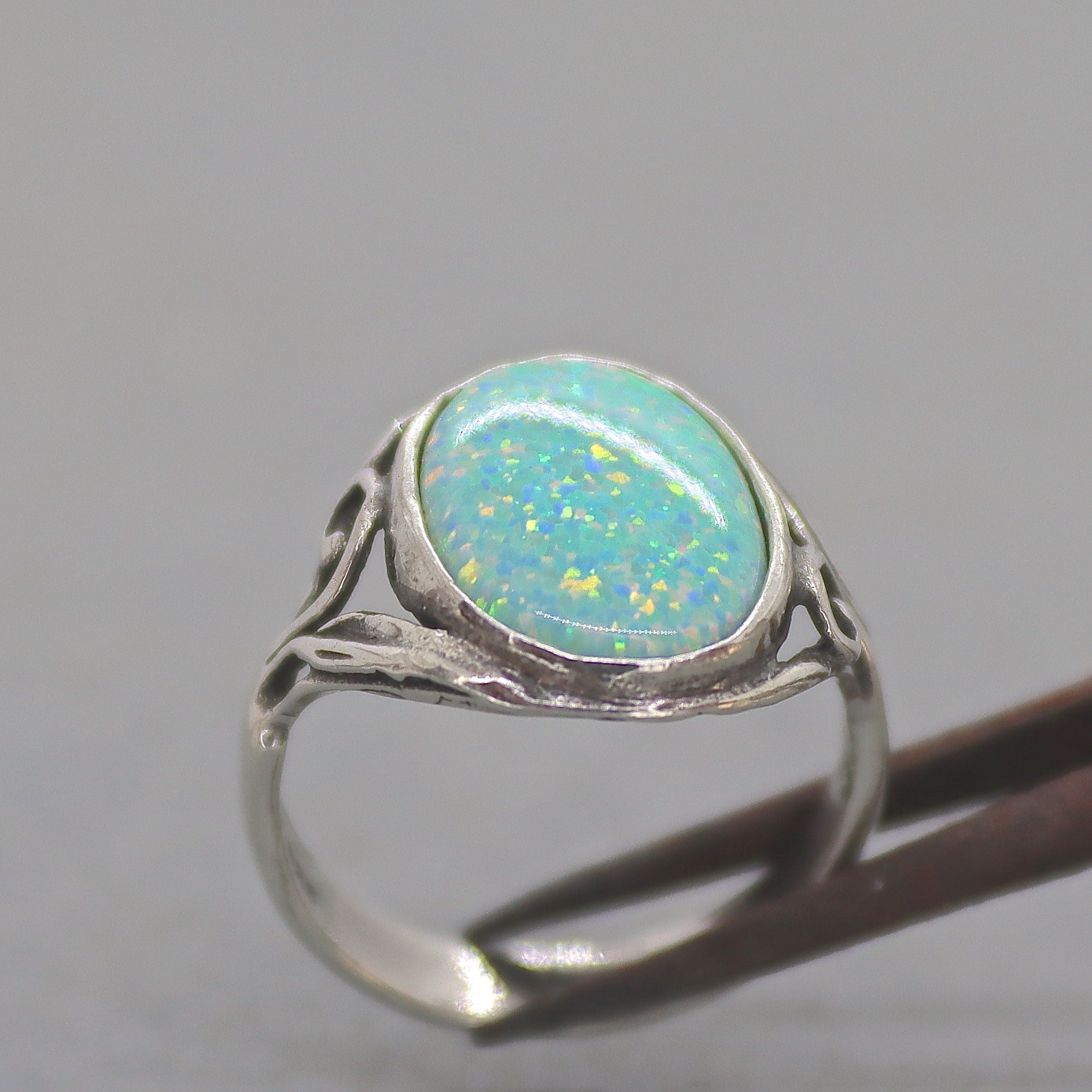 טבעת אופל מכסף סטרלינג 925, טבעת אבן גדולה בעבודת יד