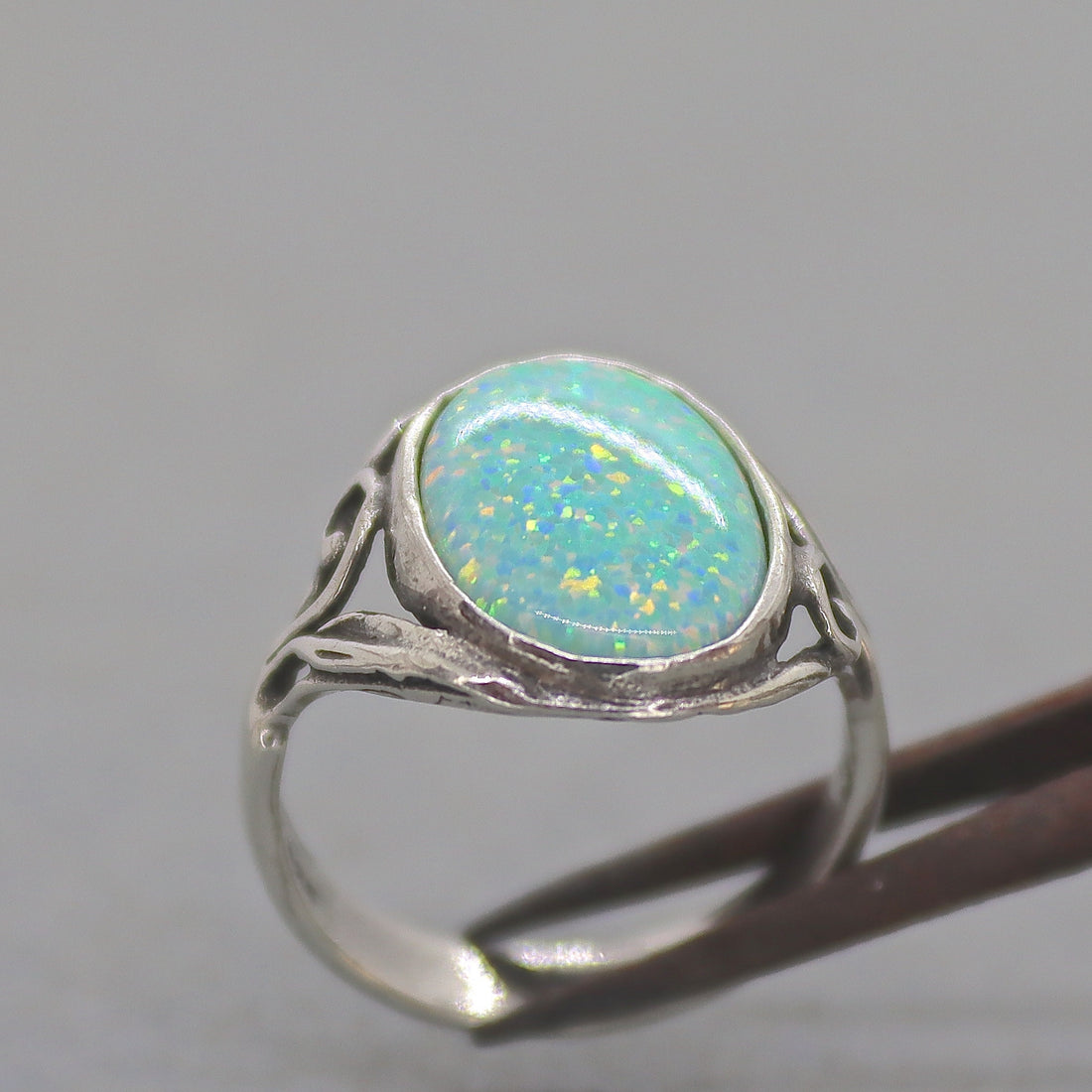 טבעת אופל מכסף סטרלינג 925, טבעת אבן גדולה בעבודת יד