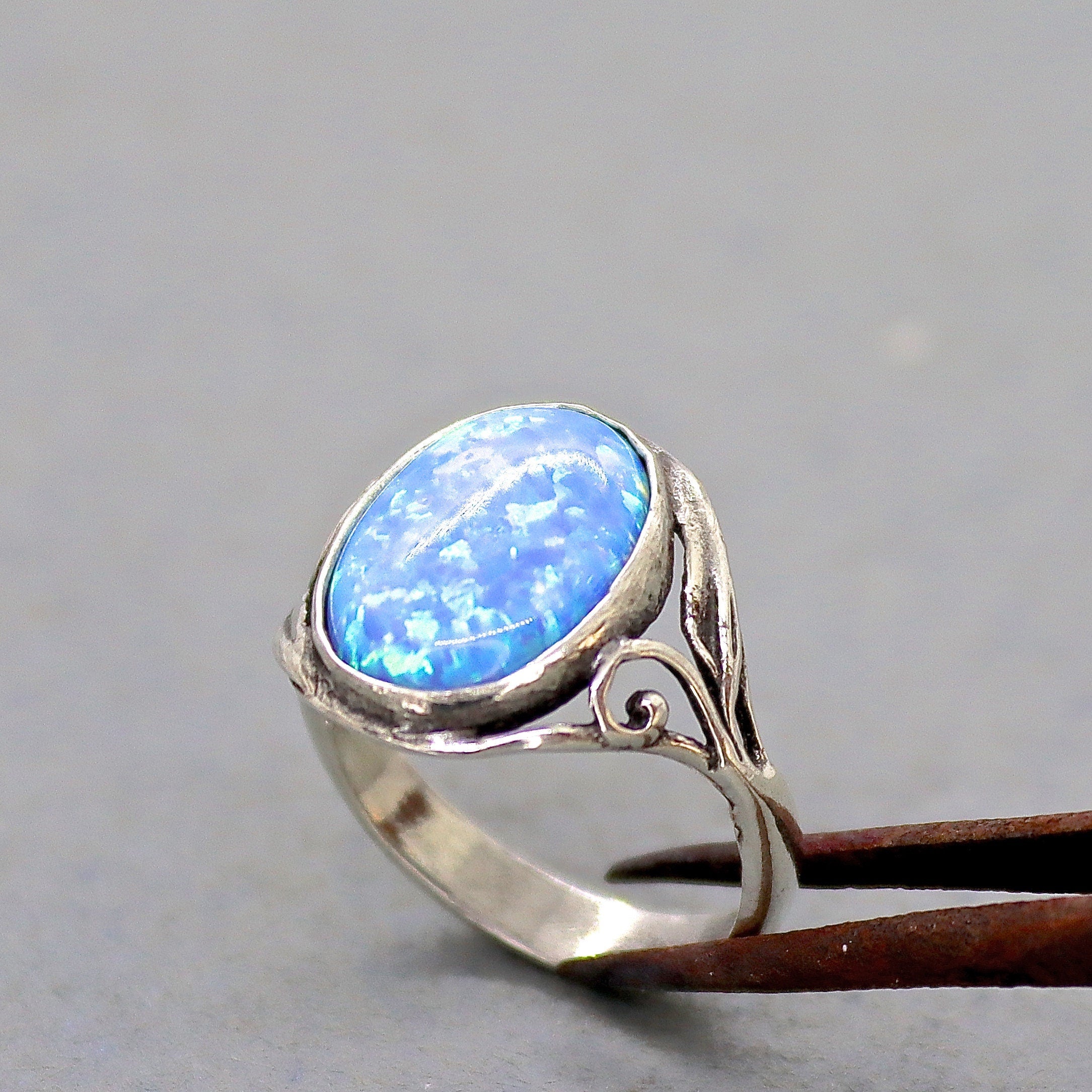 טבעת אופל מכסף סטרלינג 925, טבעת סוליטר ויקטוריאנית