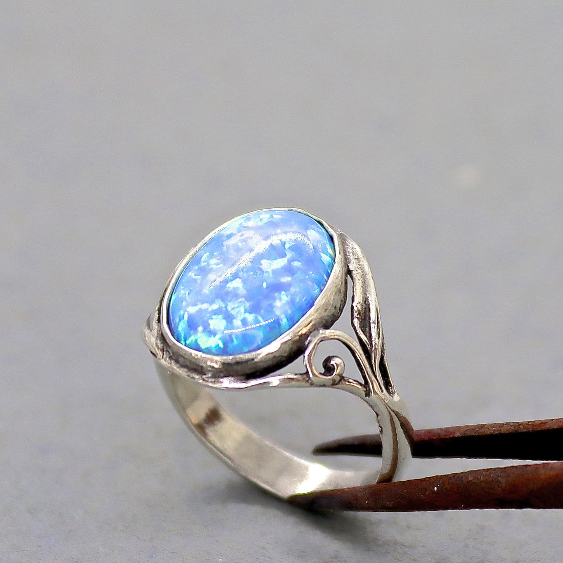 טבעת אופל מכסף סטרלינג 925, טבעת סוליטר ויקטוריאנית