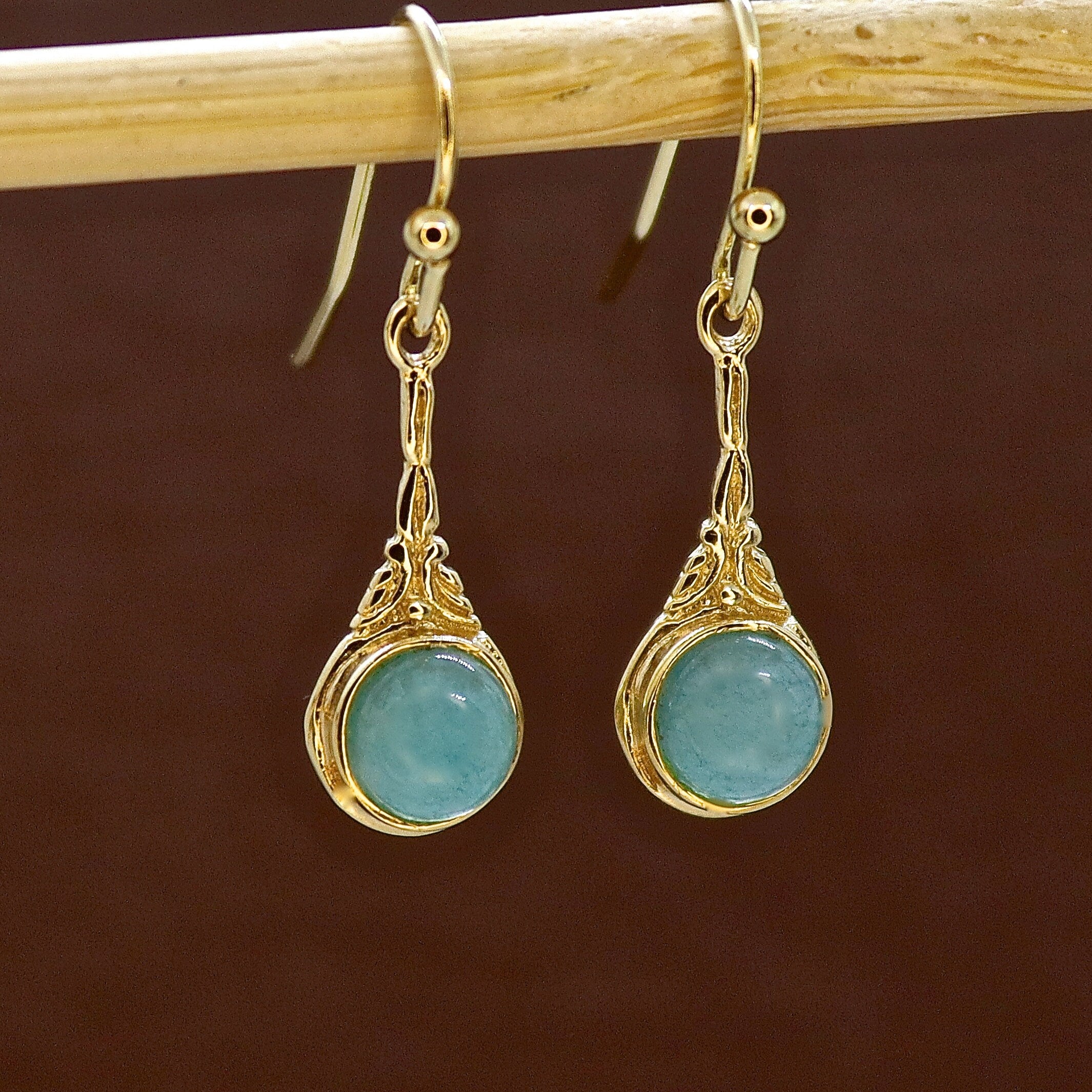 עגילי זהב אקוומרין, עגילים בסגנון ויקטוריאני עם אבן כחולה