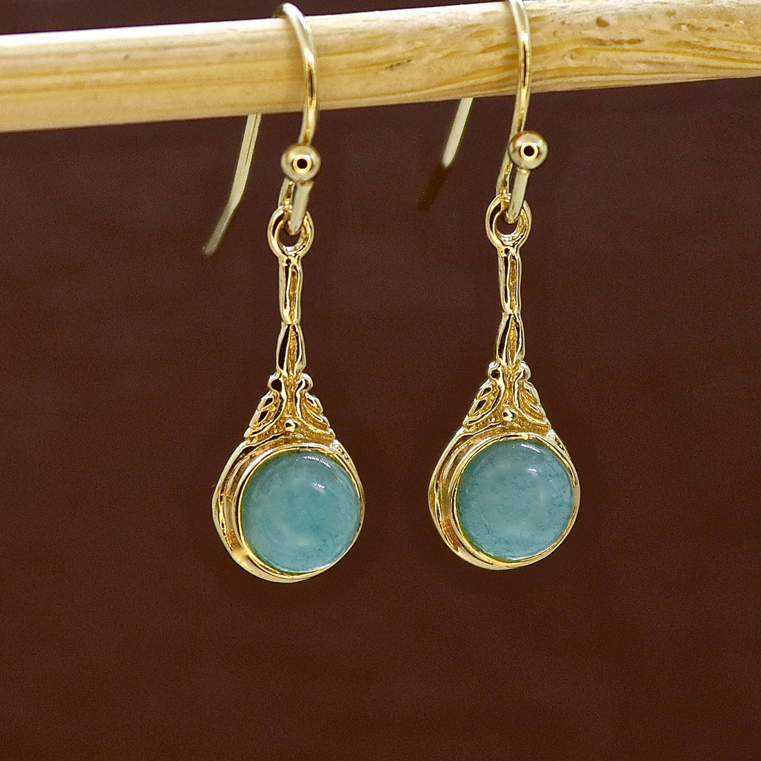 עגילי זהב אקוומרין, עגילים בסגנון ויקטוריאני עם אבן כחולה