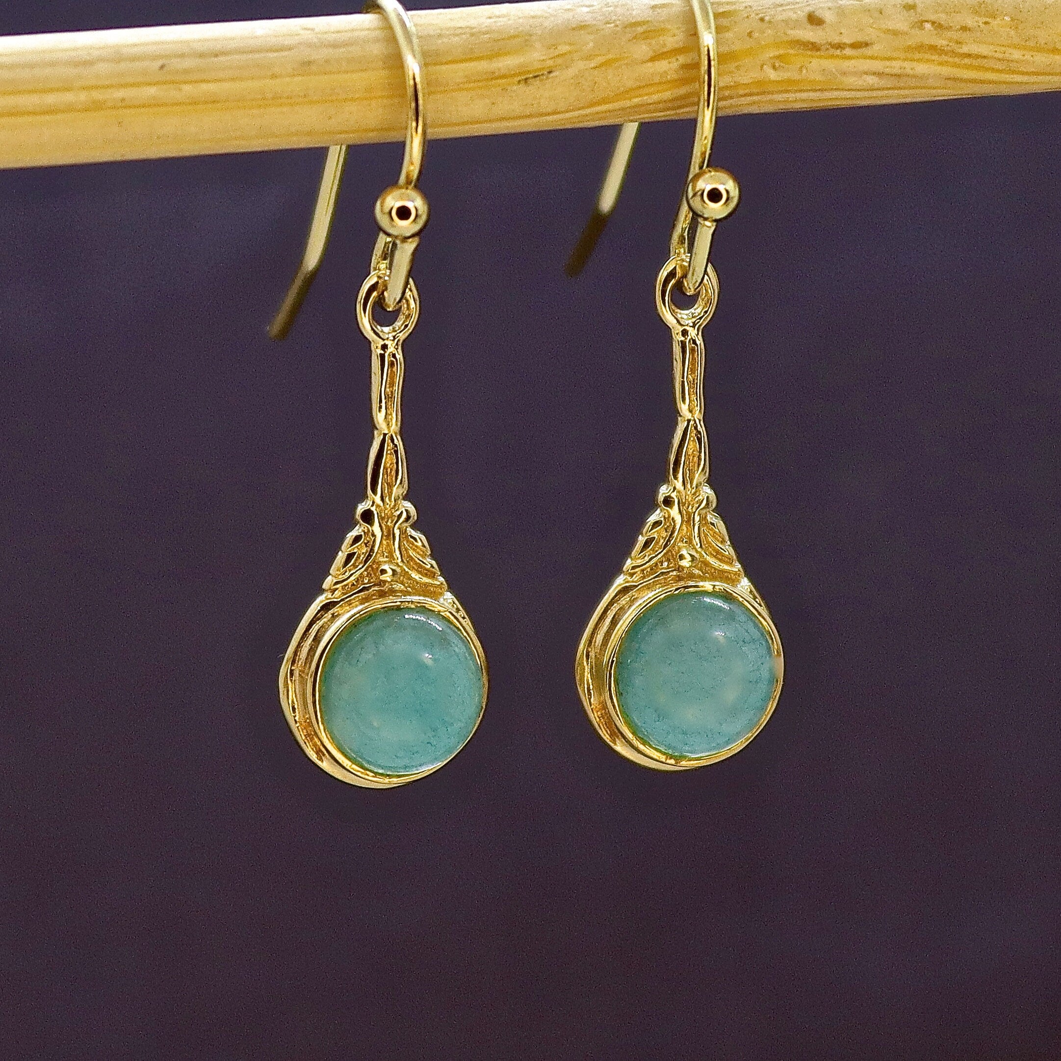 עגילי זהב אקוומרין, עגילים בסגנון ויקטוריאני עם אבן כחולה