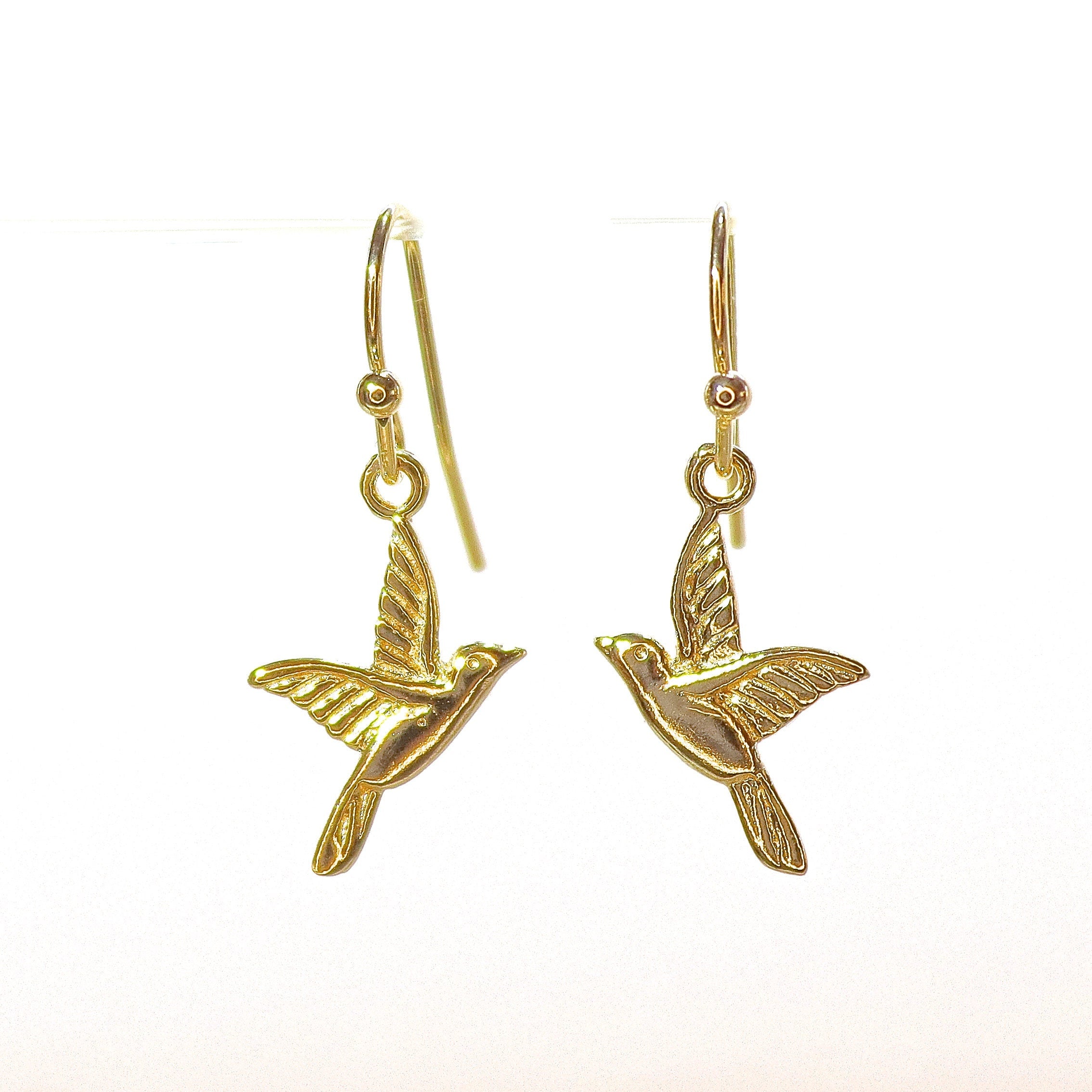 עגילי זהב 14 קראט בצורת ציפור, עגילי קוליברי