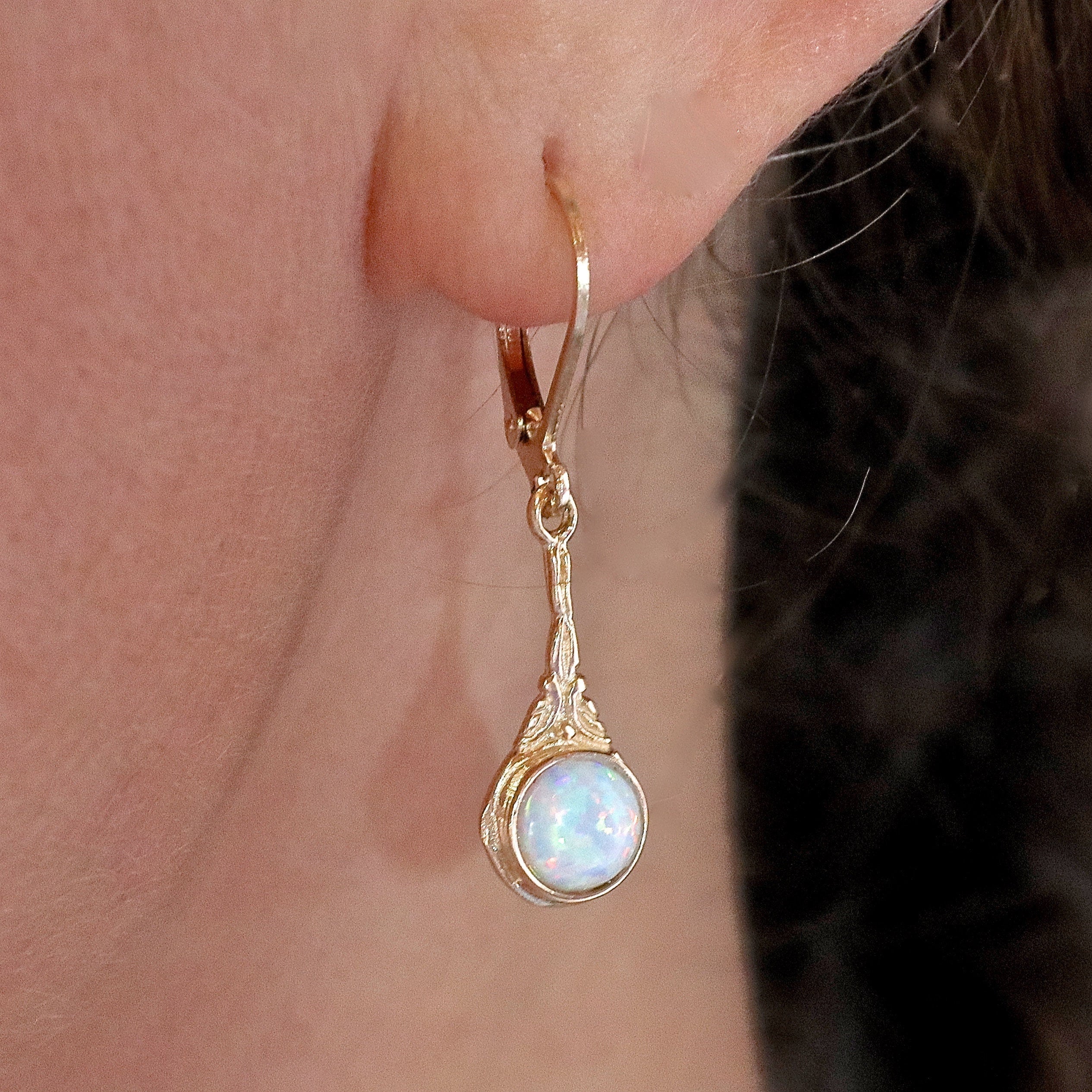 עגילי זהב ויקטוריאניים 14 קראט, עגילי זהב אופל לבן