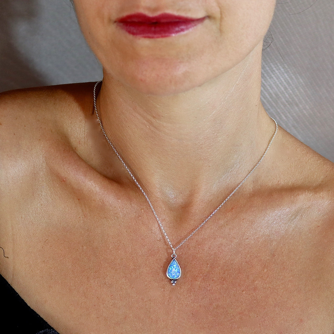 תליון שרשרת טיפת אופל, תליון דמעה מכסף סטרלינג 925, שרשרת אופל כחול