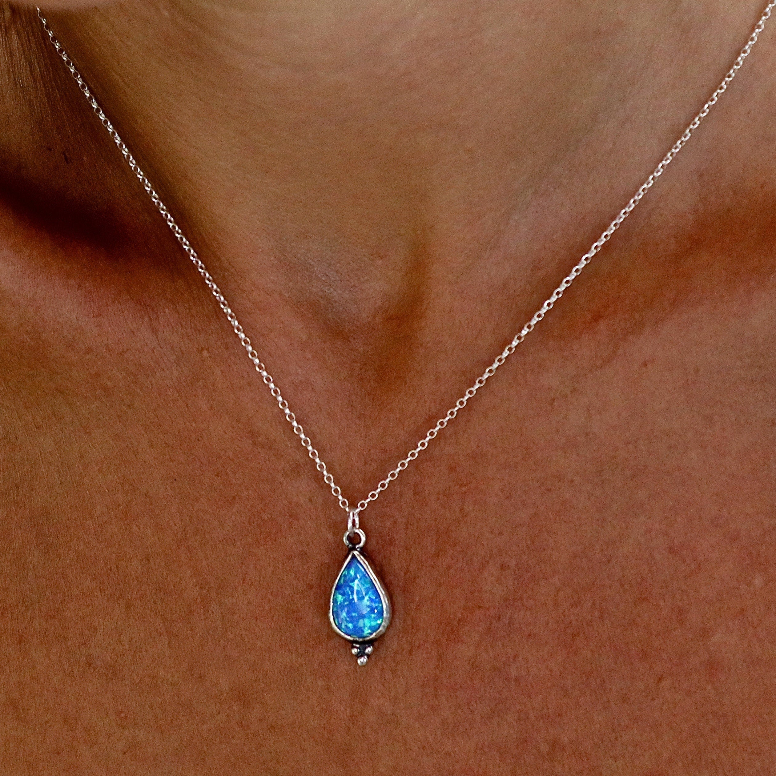 תליון שרשרת טיפת אופל, תליון דמעה מכסף סטרלינג 925, שרשרת אופל כחול