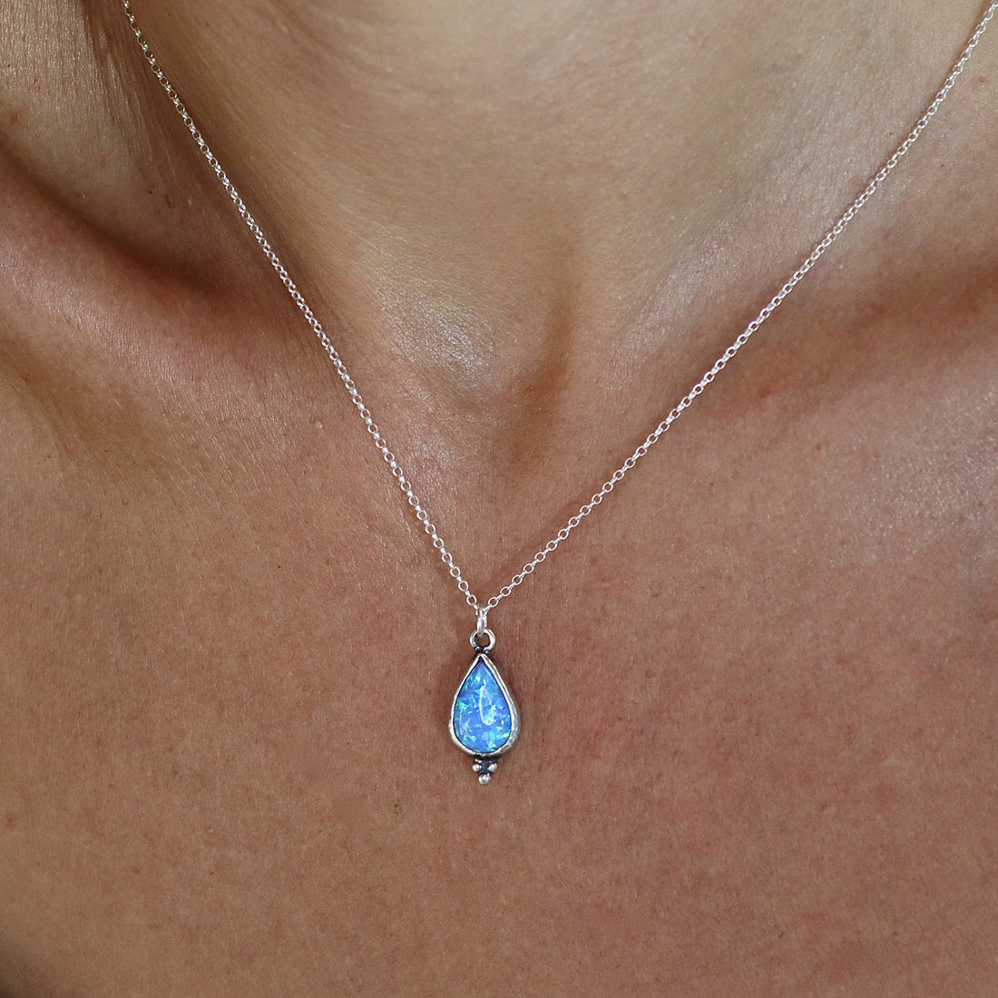 תליון שרשרת טיפת אופל, תליון דמעה מכסף סטרלינג 925, שרשרת אופל כחול