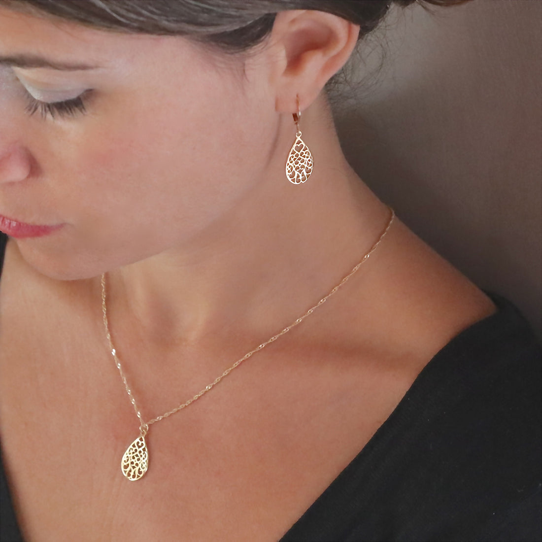 עגילי זהב 14 קראט מלאים, עגילי זהב פיליגרן טיפה