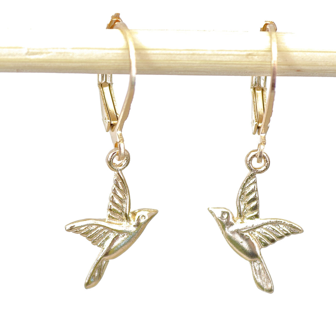 עגילי ציפורים בעבודת יד מזהב 14 קראט - בהשראת הטבע