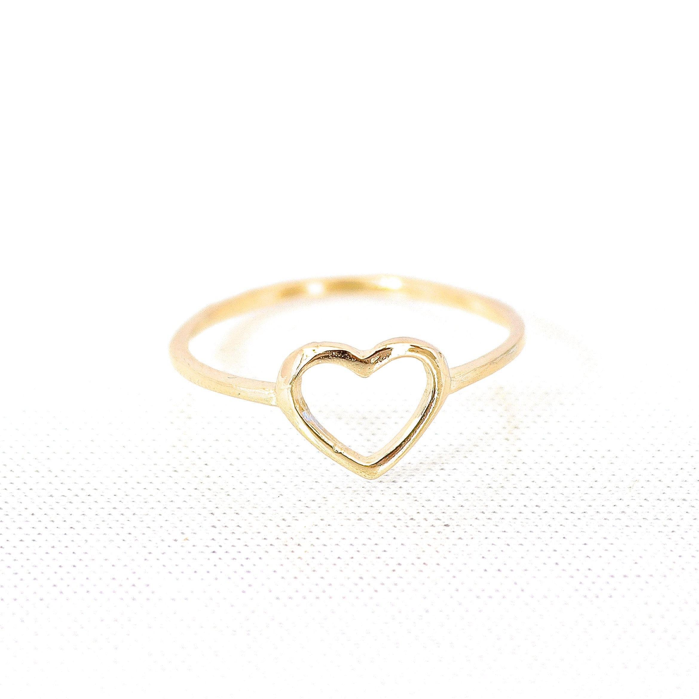 טבעת זהב מלא 14 קראט עם לב פתוח, טבעת אהבה משובצת, טבעות עדינות בצורת לב, מתנת יום האהבה, מתנת יום נישואין לחברה