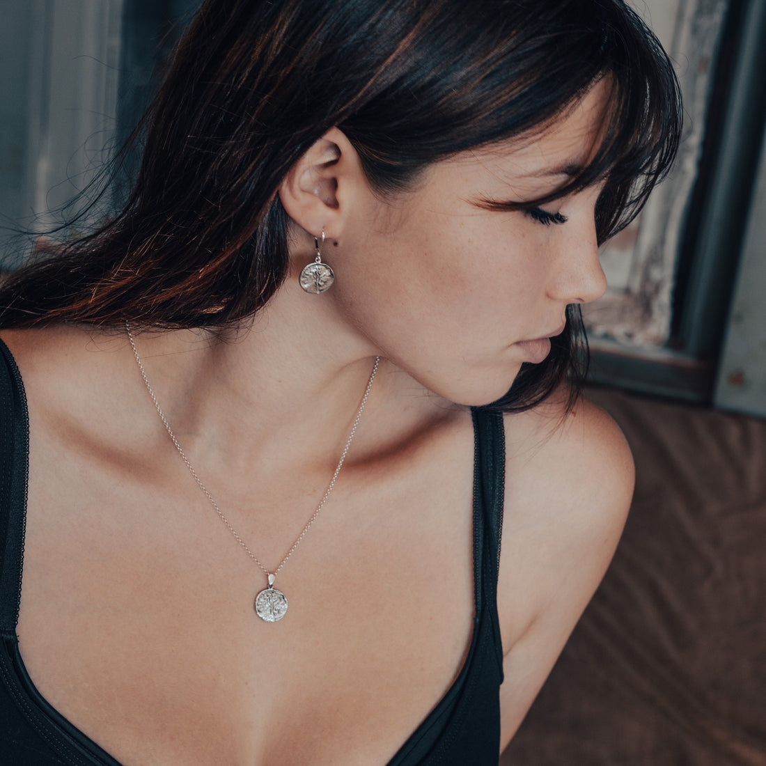 עגיל תלוי מכסף סטרלינג 925 דיסק, עגילים עגולים עם טקסטורה