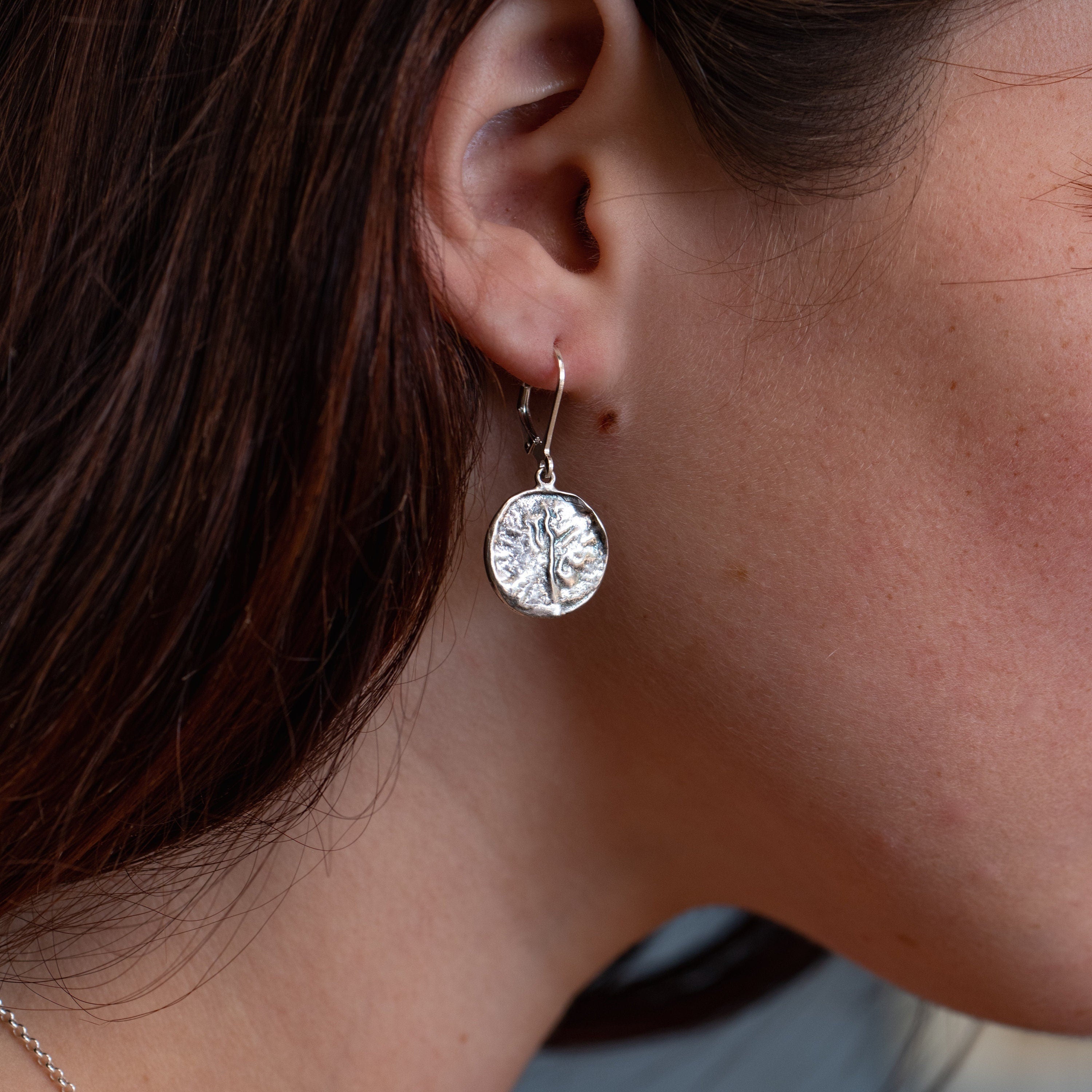 עגיל תלוי מכסף סטרלינג 925 דיסק, עגילים עגולים עם טקסטורה