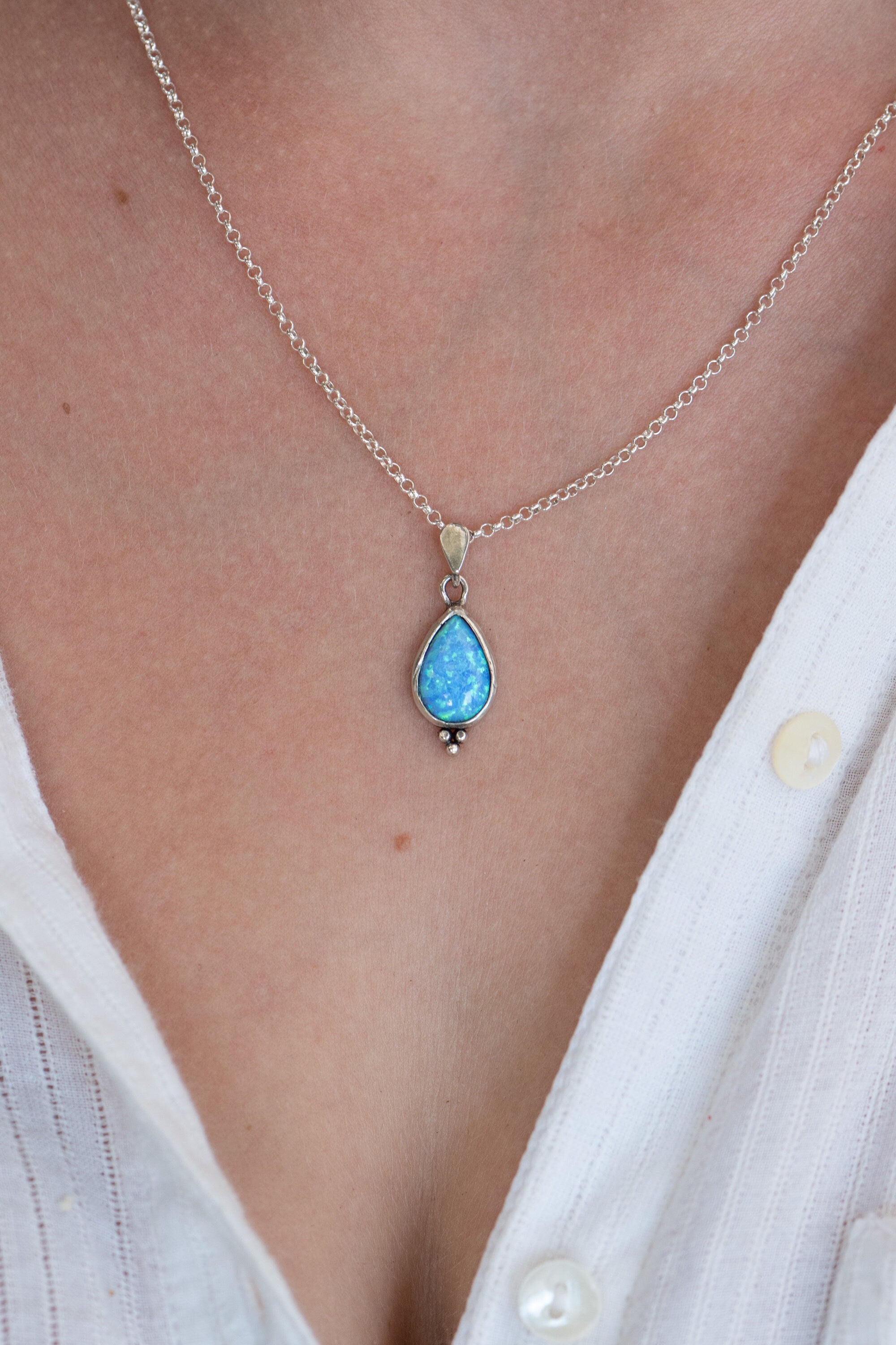 תליון שרשרת טיפת אופל, תליון דמעה מכסף סטרלינג 925, שרשרת אופל כחול