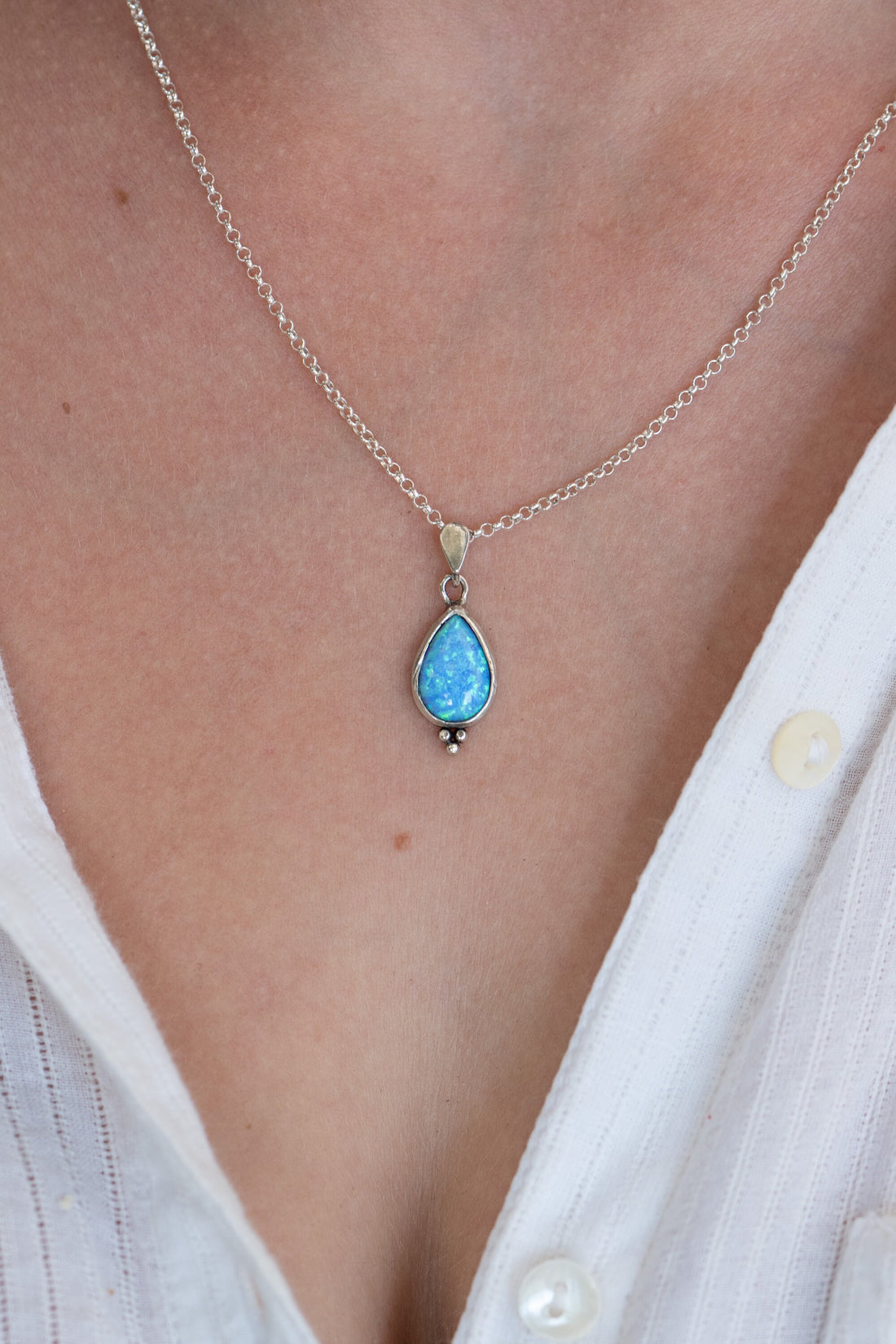 תליון שרשרת טיפת אופל, תליון דמעה מכסף סטרלינג 925, שרשרת אופל כחול